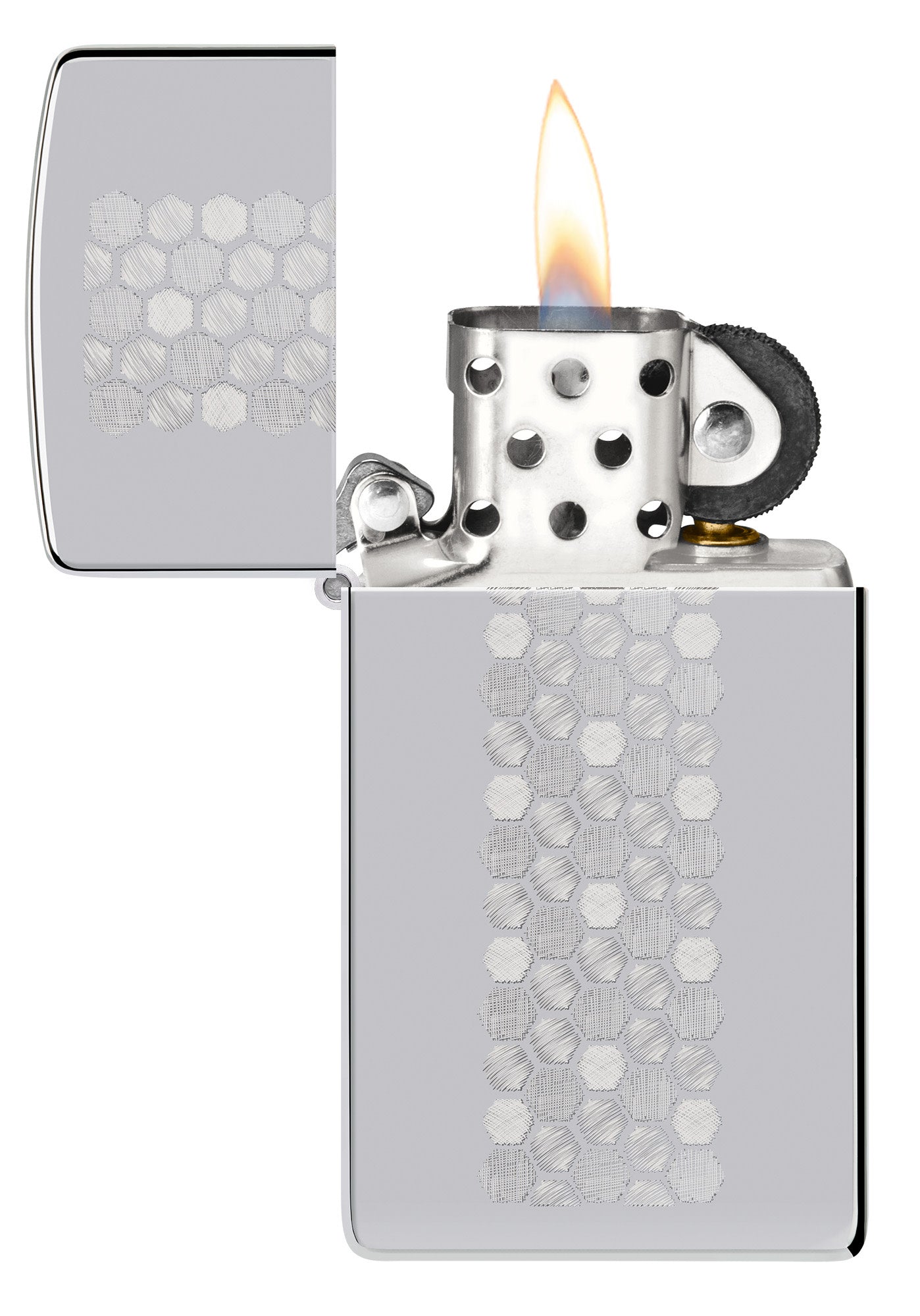 Zippo Slim?? Honeycomb Design High Polish Chrome Windproof Lighter with its lid open and lit.