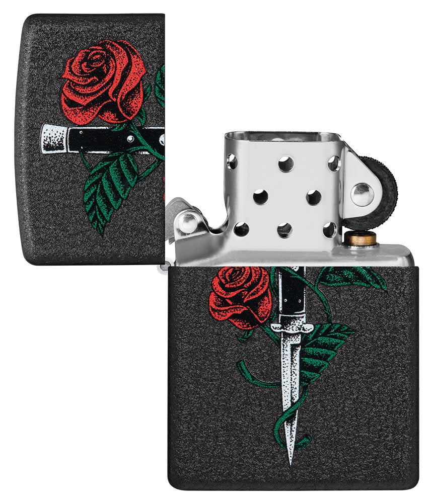 Rose Dagger Tattoo Design Black Crackle?? Windproof Lighter with its lid open and unlit.