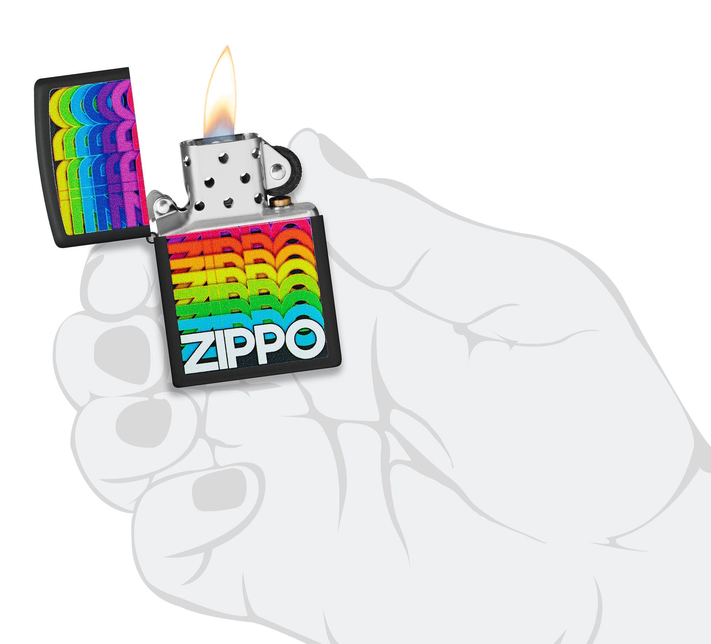 Zippo Techno Design Black Matte Windproof Lighter lit in hand.