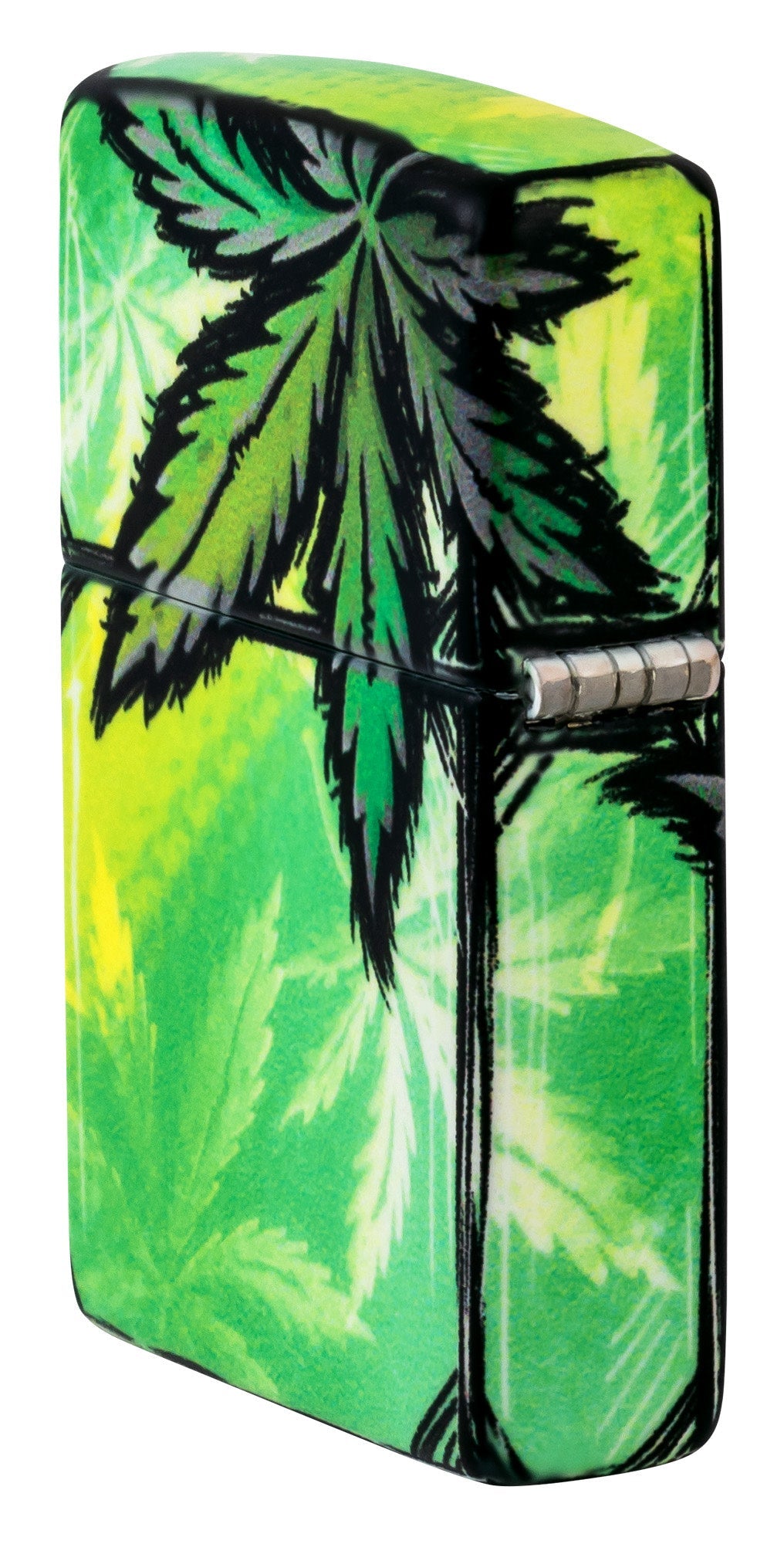 Angled shot of Zippo Glowing Leaves Design 540 Color Glow in the Dark Windproof Lighter showing the back and hinge side of the lighter.