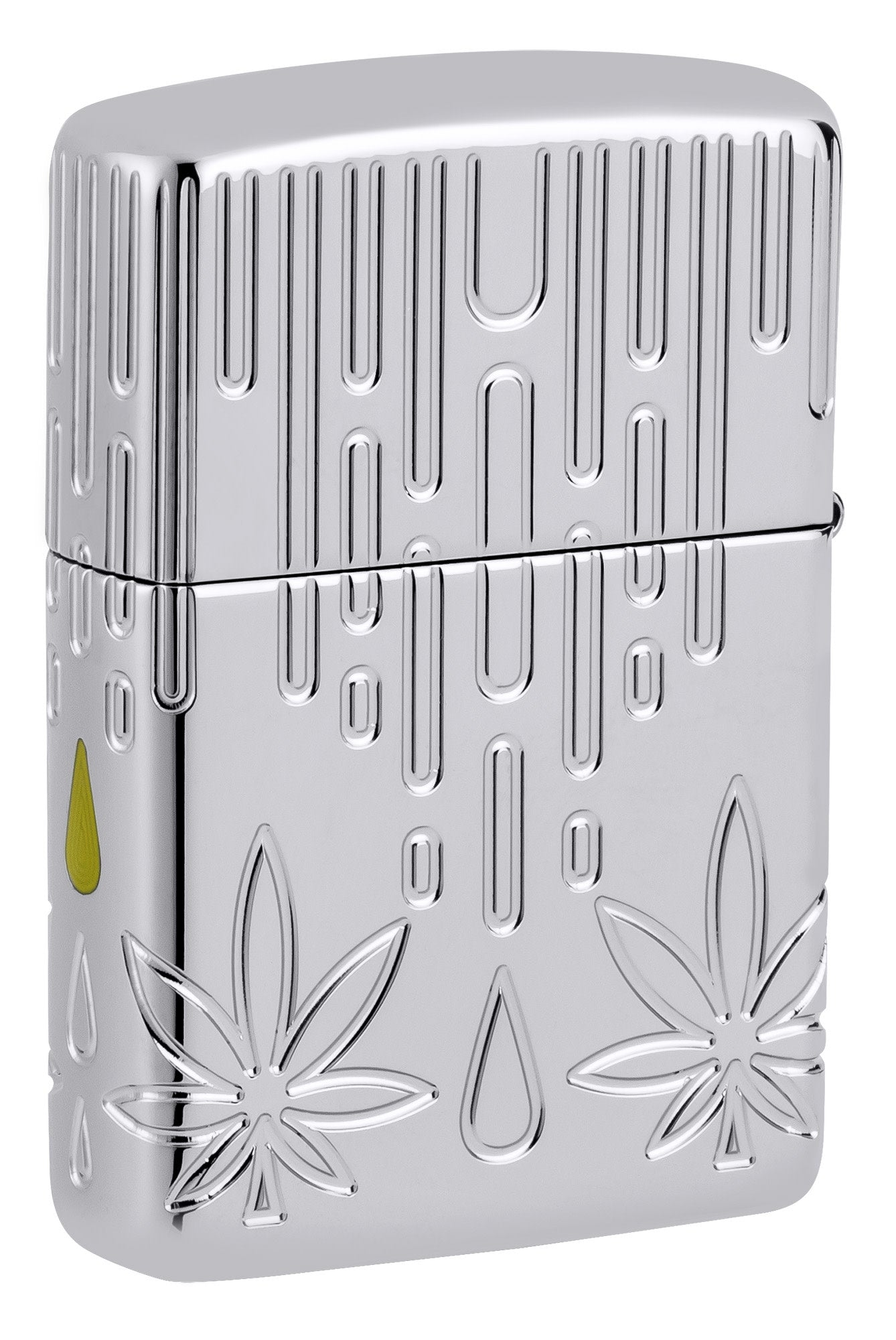 Back shot of Zippo Waxy Leaf Design Armor?? High Polish Chrome Windproof Lighter standing at a 3/4 angle.