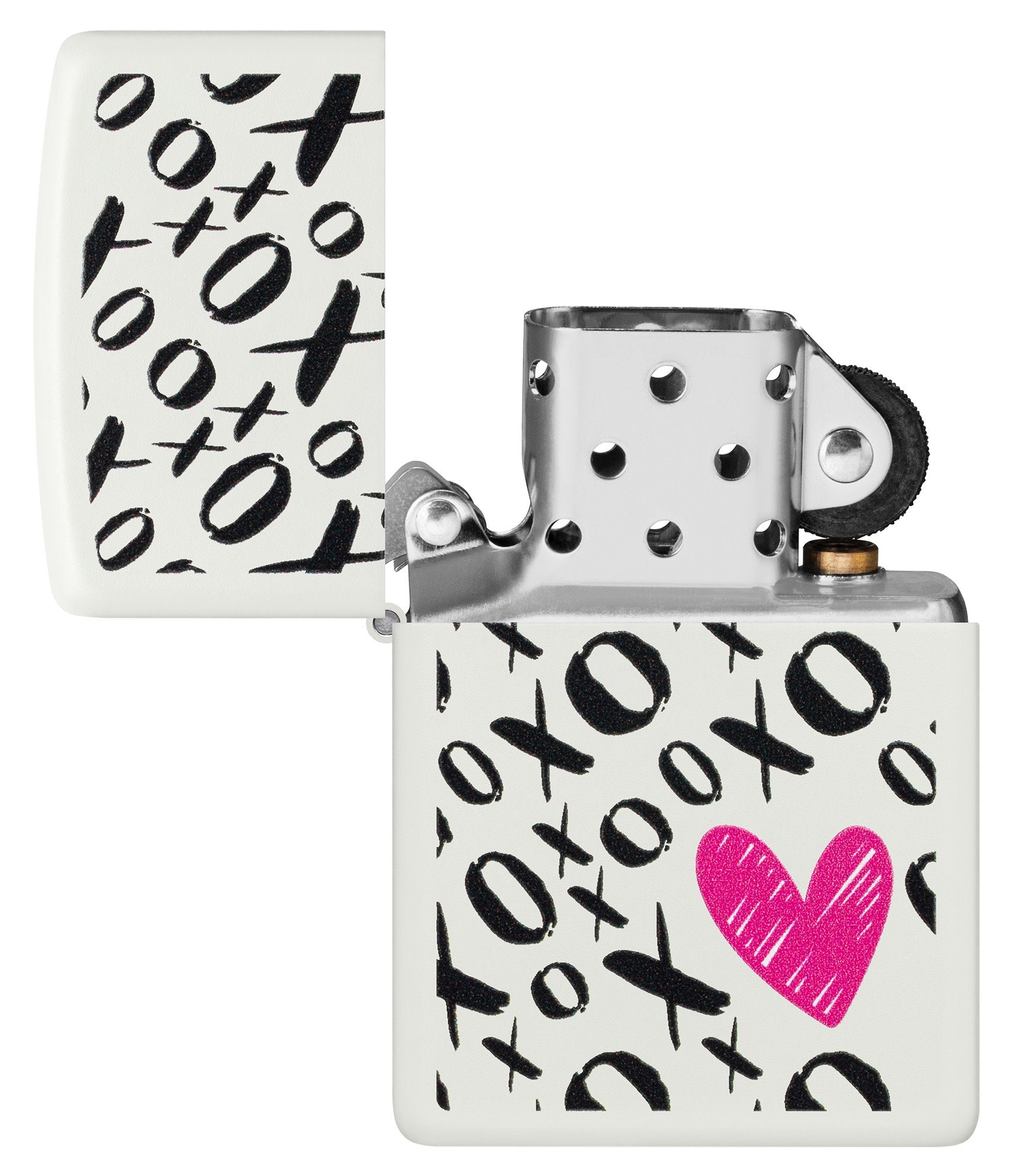 Zippo Hugs and Kisses Design White Matte Windproof Lighter with its lid open and unlit.
