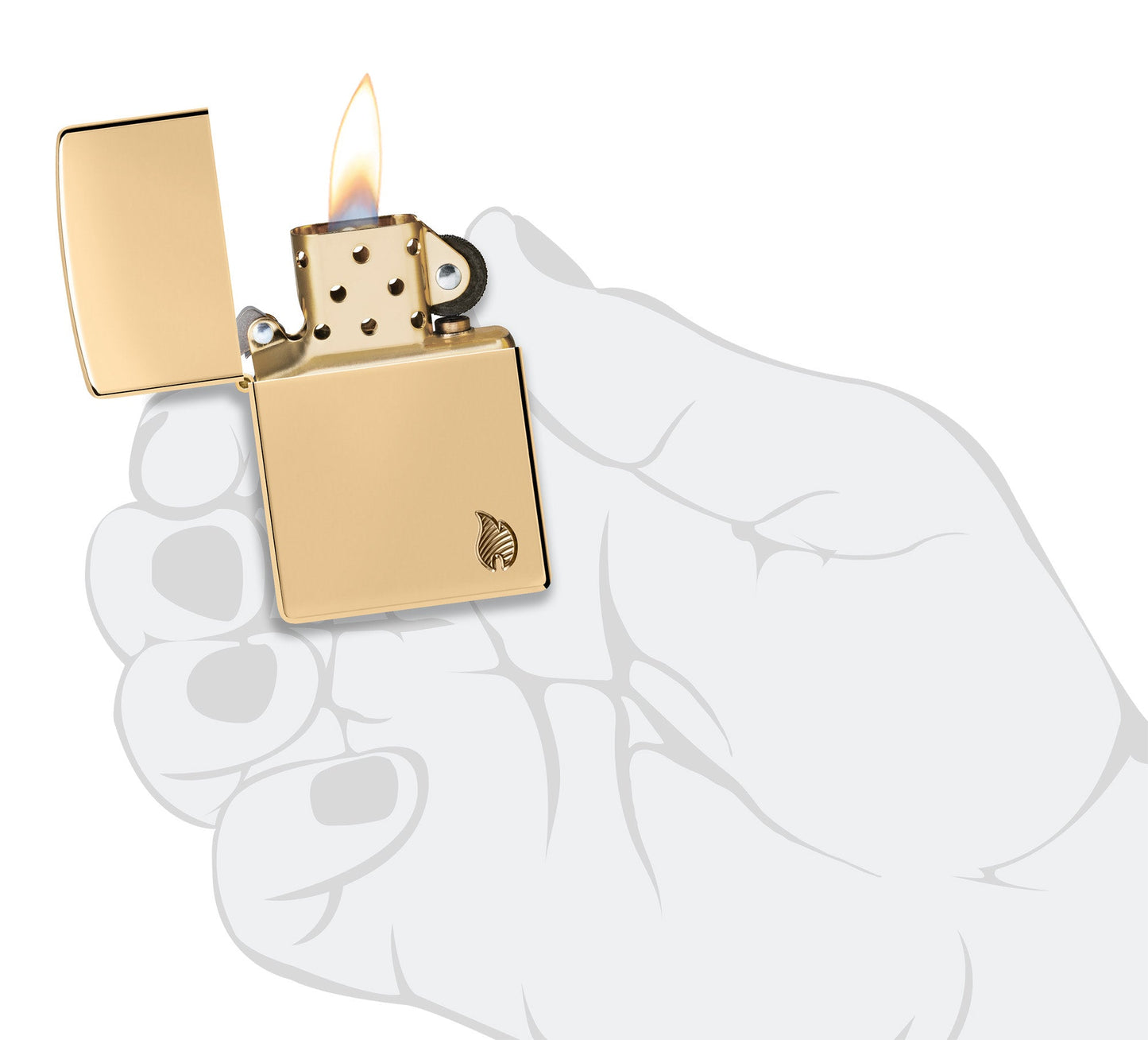 Zippo Armor?? Series Flame High Polish Brass Windproof Lighter lit in hand.
