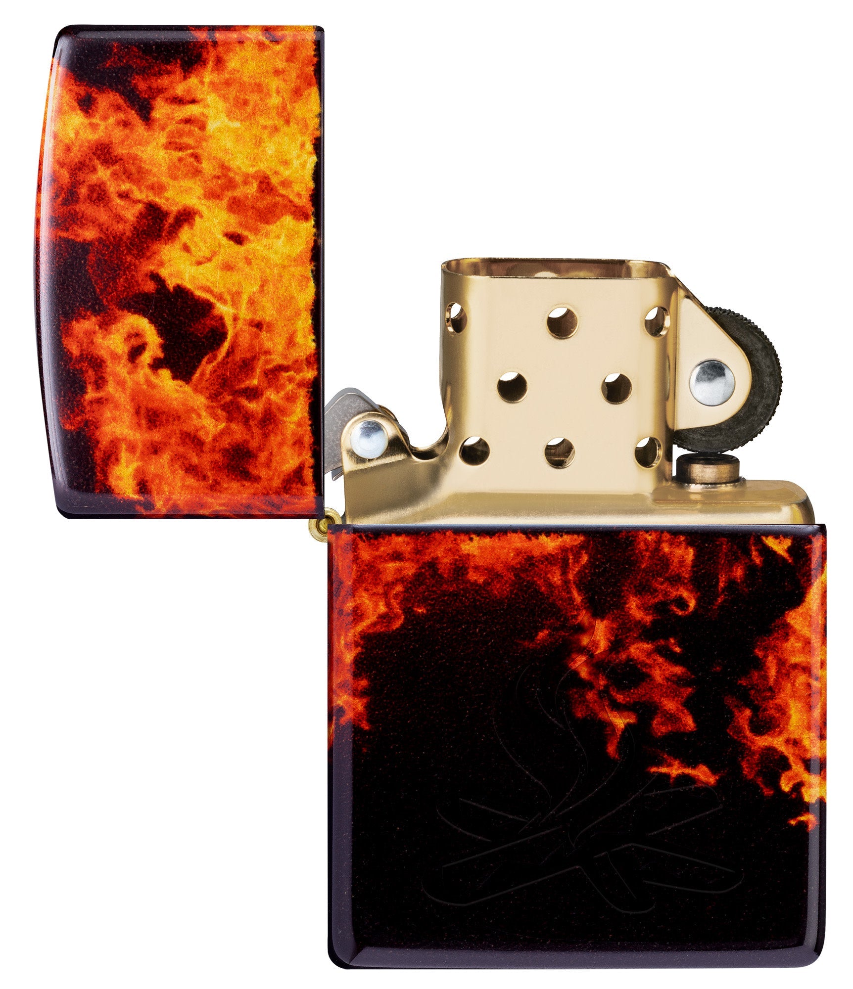 Zippo Fusion Inferno Design 540 Tumbled Brass Windproof Lighter with its lid open and unlit.
