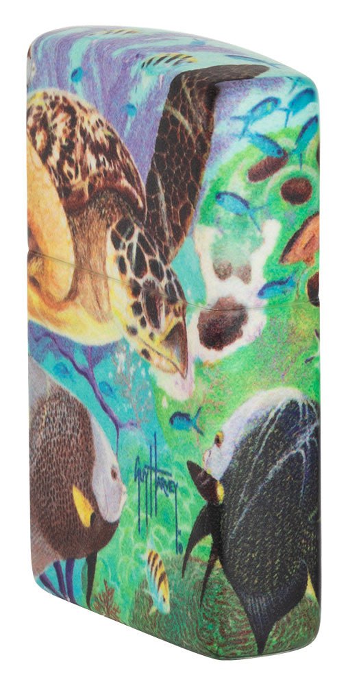 Guy Harvey Design Glow In The Dark 540 Color Windproof Lighter with its lid open and unlit.