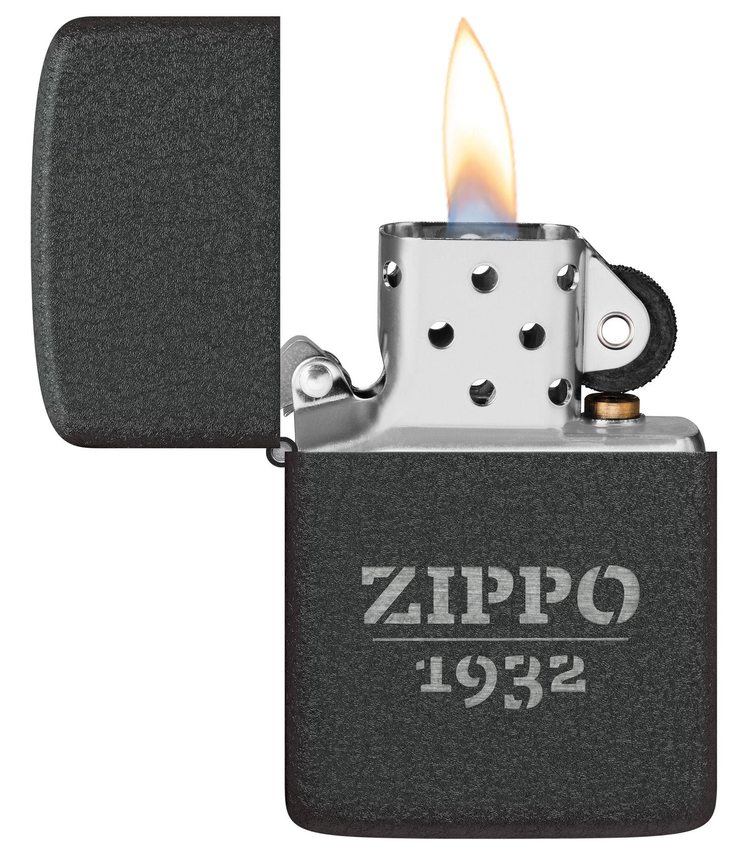 Zippo Design 1941 Replica Black Crackle?? Windproof Lighter with its lid open and lit.