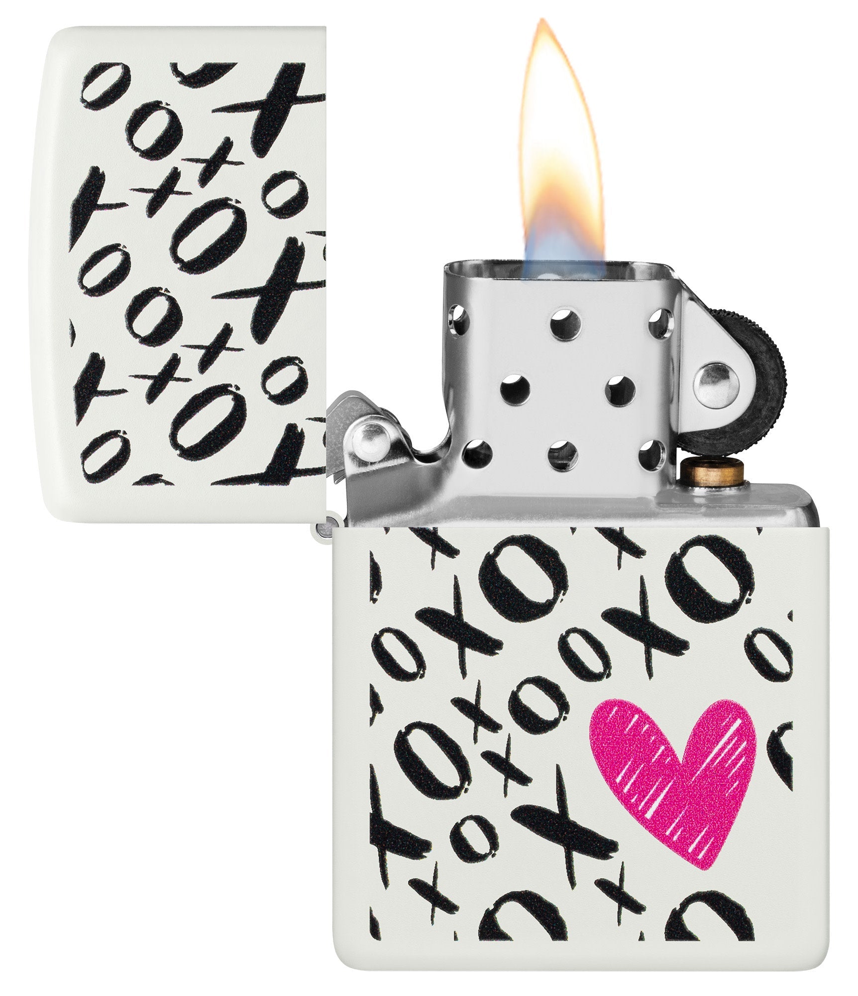 Zippo Hugs and Kisses Design White Matte Windproof Lighter with its lid open and lit.