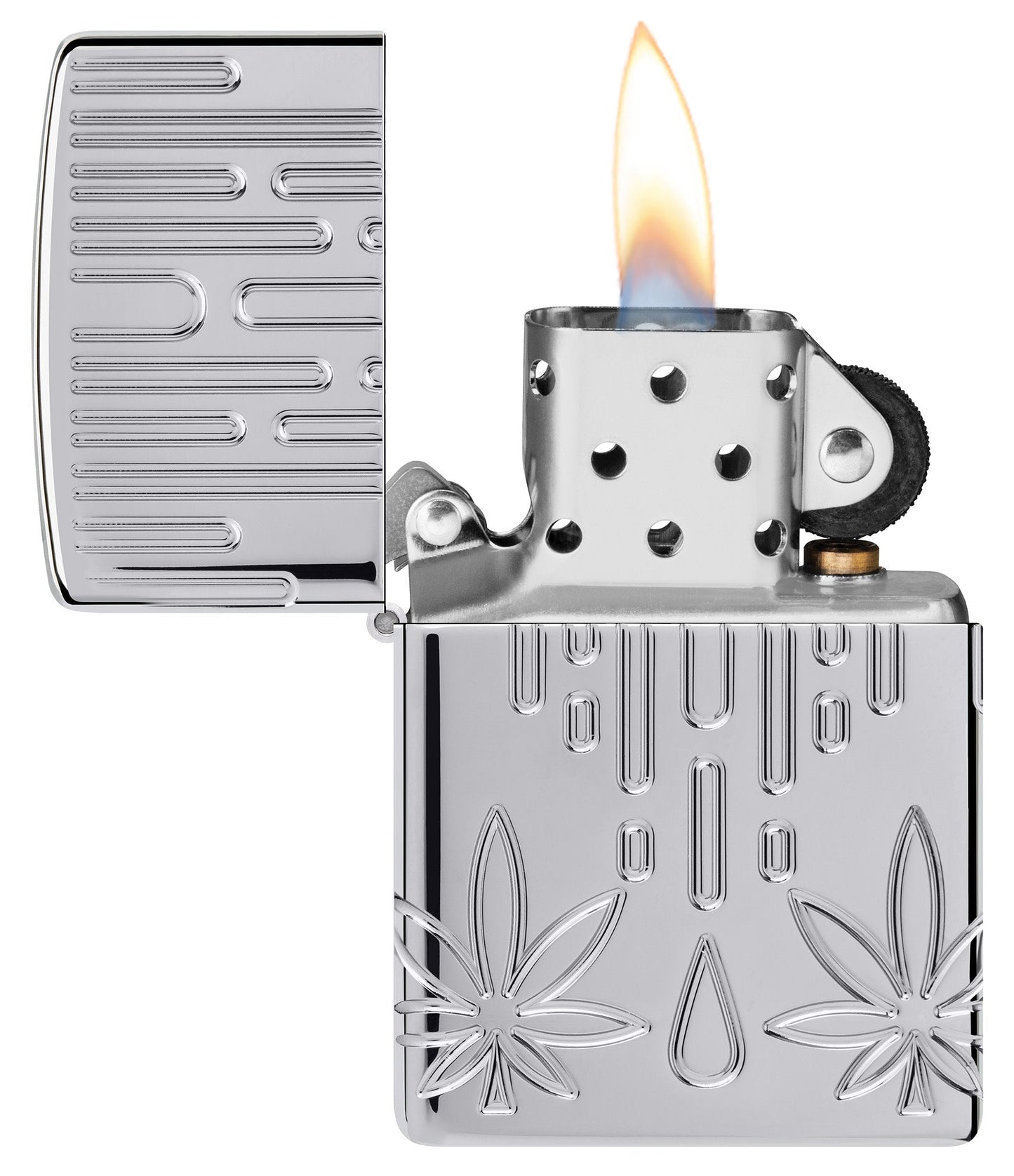 Zippo Waxy Leaf Design Armor?? High Polish Chrome Windproof Lighter with its lid open and lit.