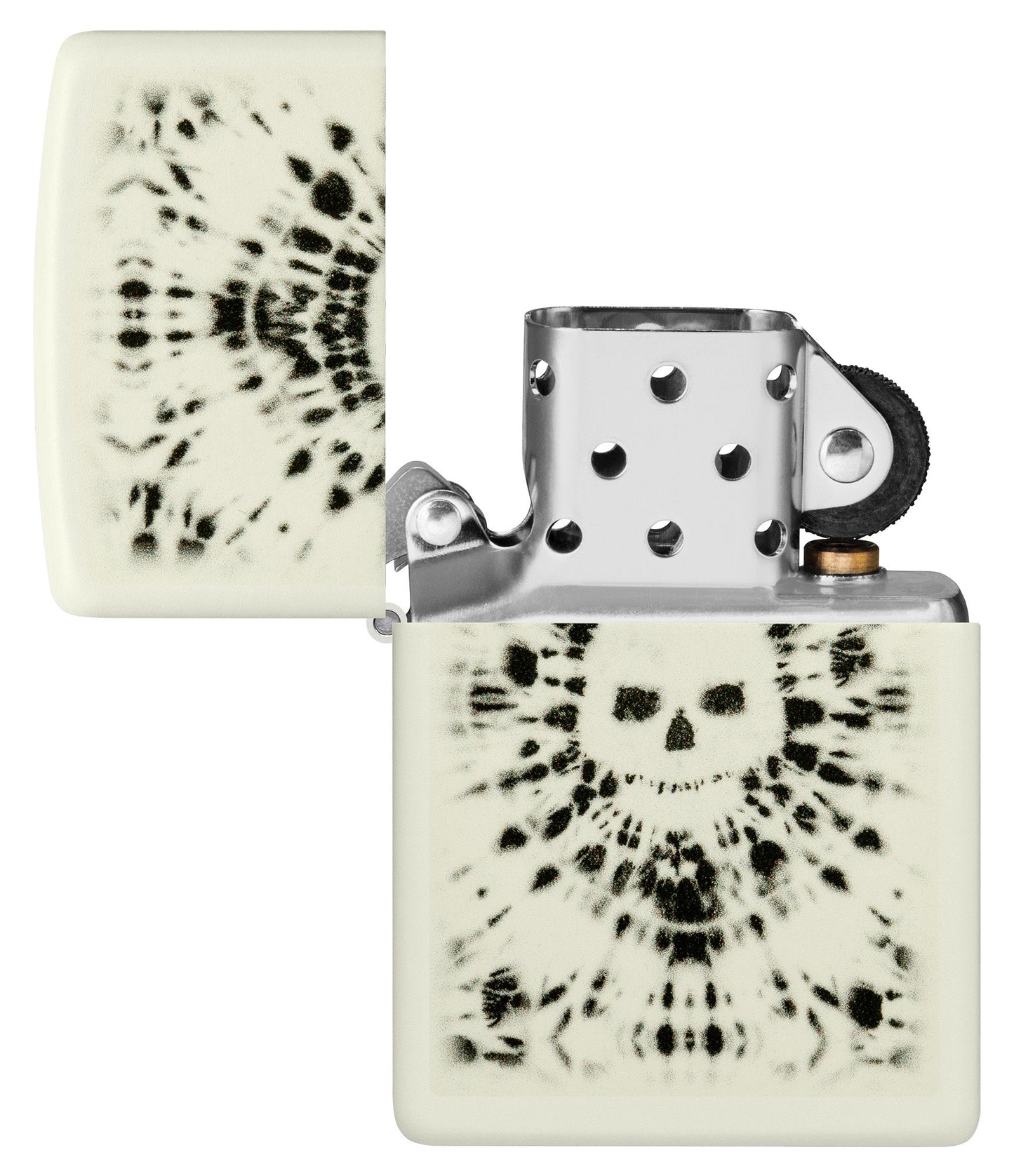 Zippo Glowing Skull Design Glow in the Dark Windproof Lighter with its lid open and unlit.