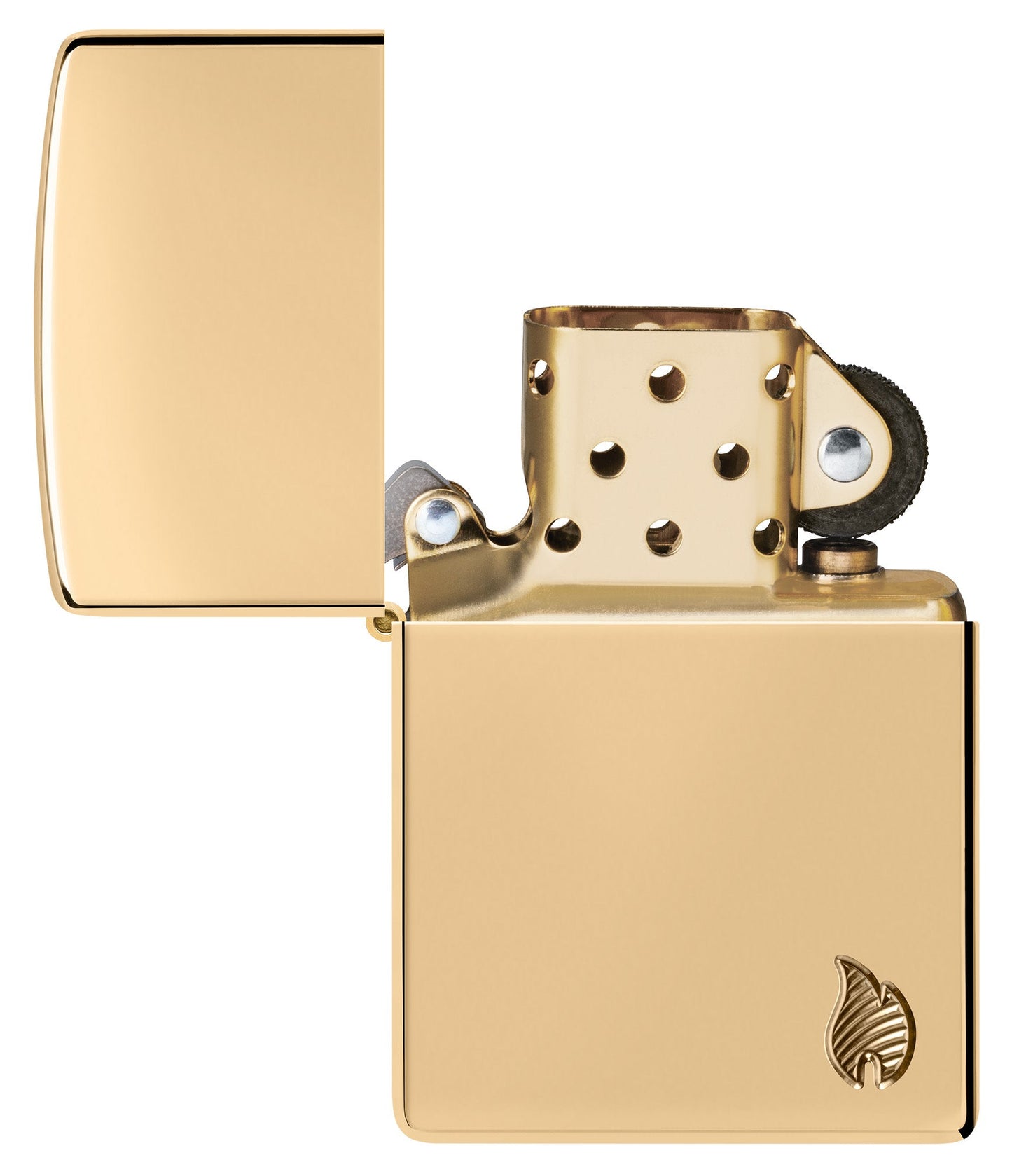 Zippo Armor?? Series Flame High Polish Brass Windproof Lighter with its lid open and unlit.
