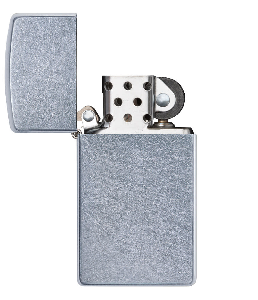 Slim?? Street ChromeÆ?⺠Windproof Lighter with its lid open and unlit.