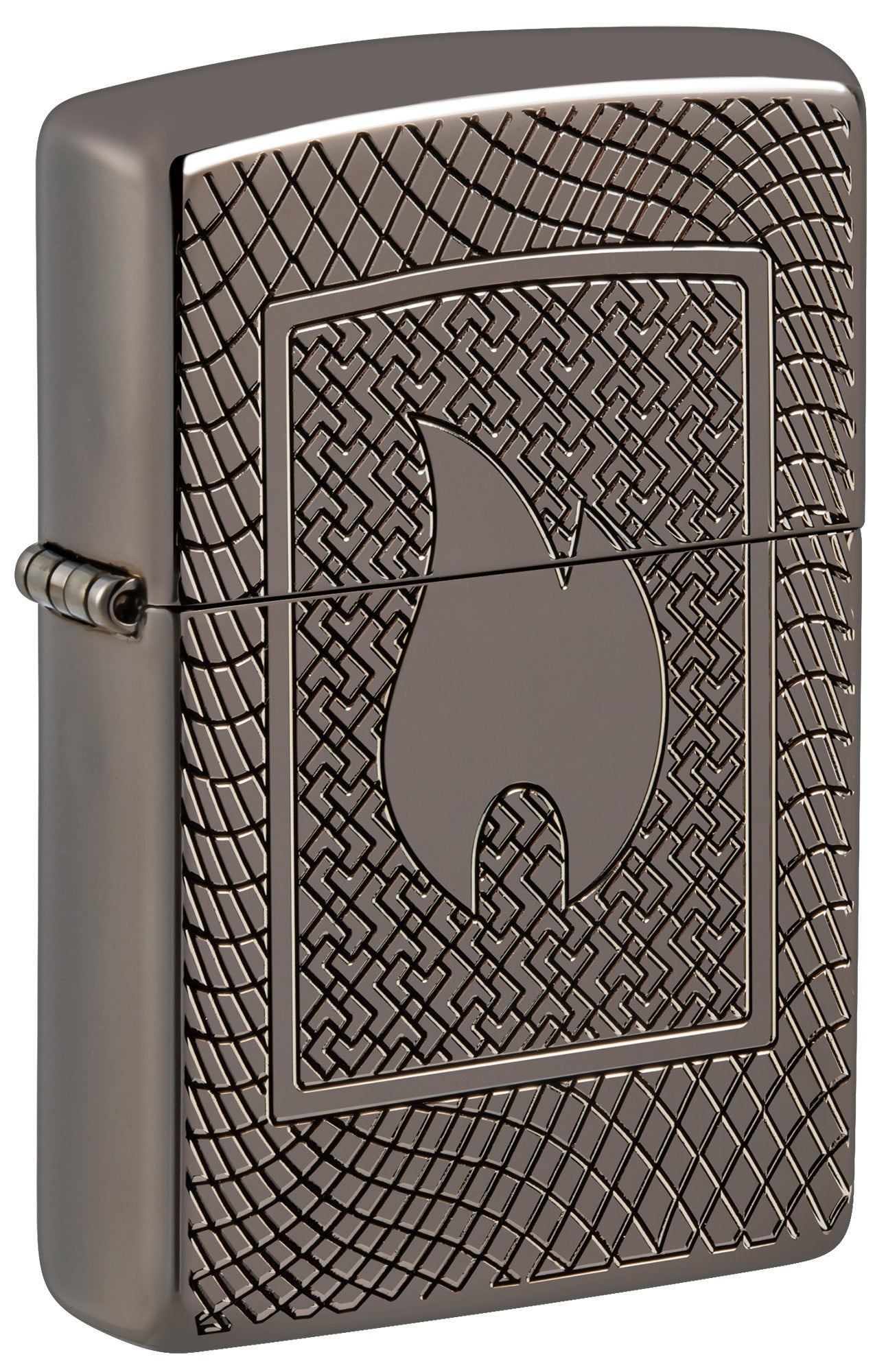Front shot of Zippo Flame Pattern Design Armor Black Ice Windproof Lighter standing at a 3/4 angle.