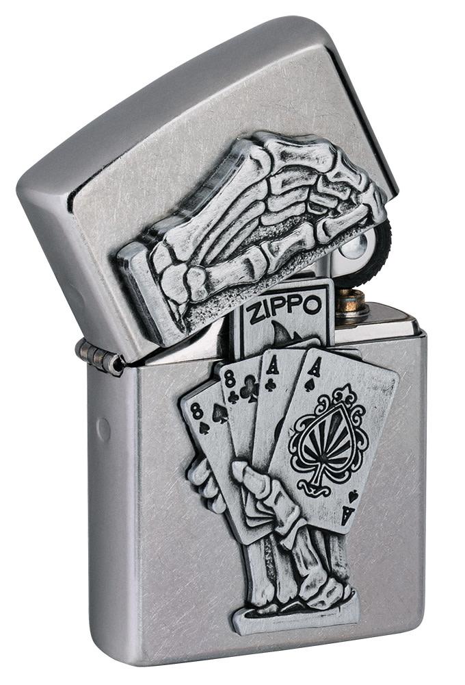 Angle shot of Dead Mans Hand Surprise Emblem Design Street ChromeÆ?⺠Windproof Lighter with the lid slightly opened, showing the surprise emblem inside.