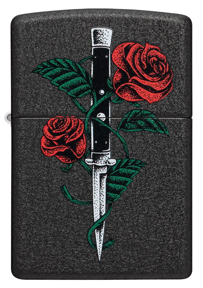 Front shot of Rose Dagger Tattoo Design Black Crackle?? Windproof Lighter.