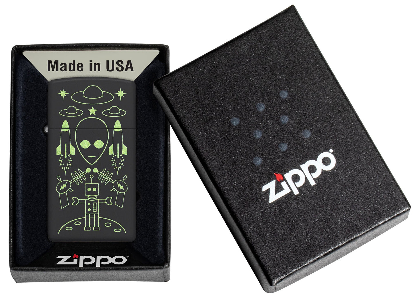 Zippo Alien Invasion Design Slim?? Black Matte Windproof Lighter in its packaging.