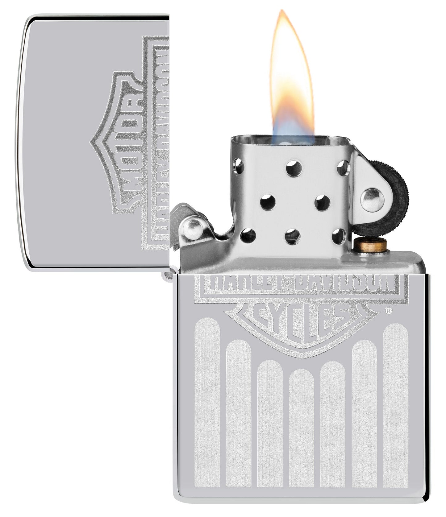 Zippo Harley-Davidson?? High Polish Chrome Windproof Lighter with its lid open and lit.