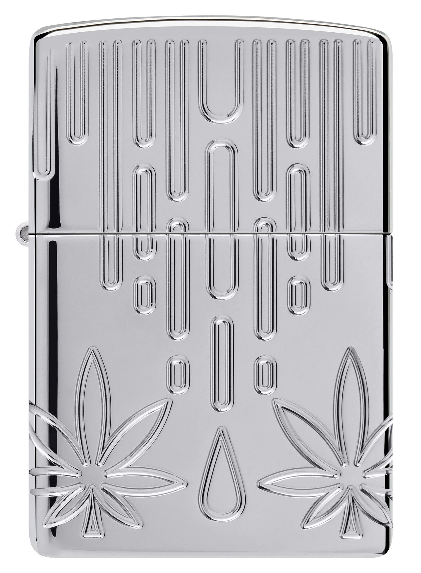 Front view of Zippo Waxy Leaf Design Armor?? High Polish Chrome Windproof Lighter.