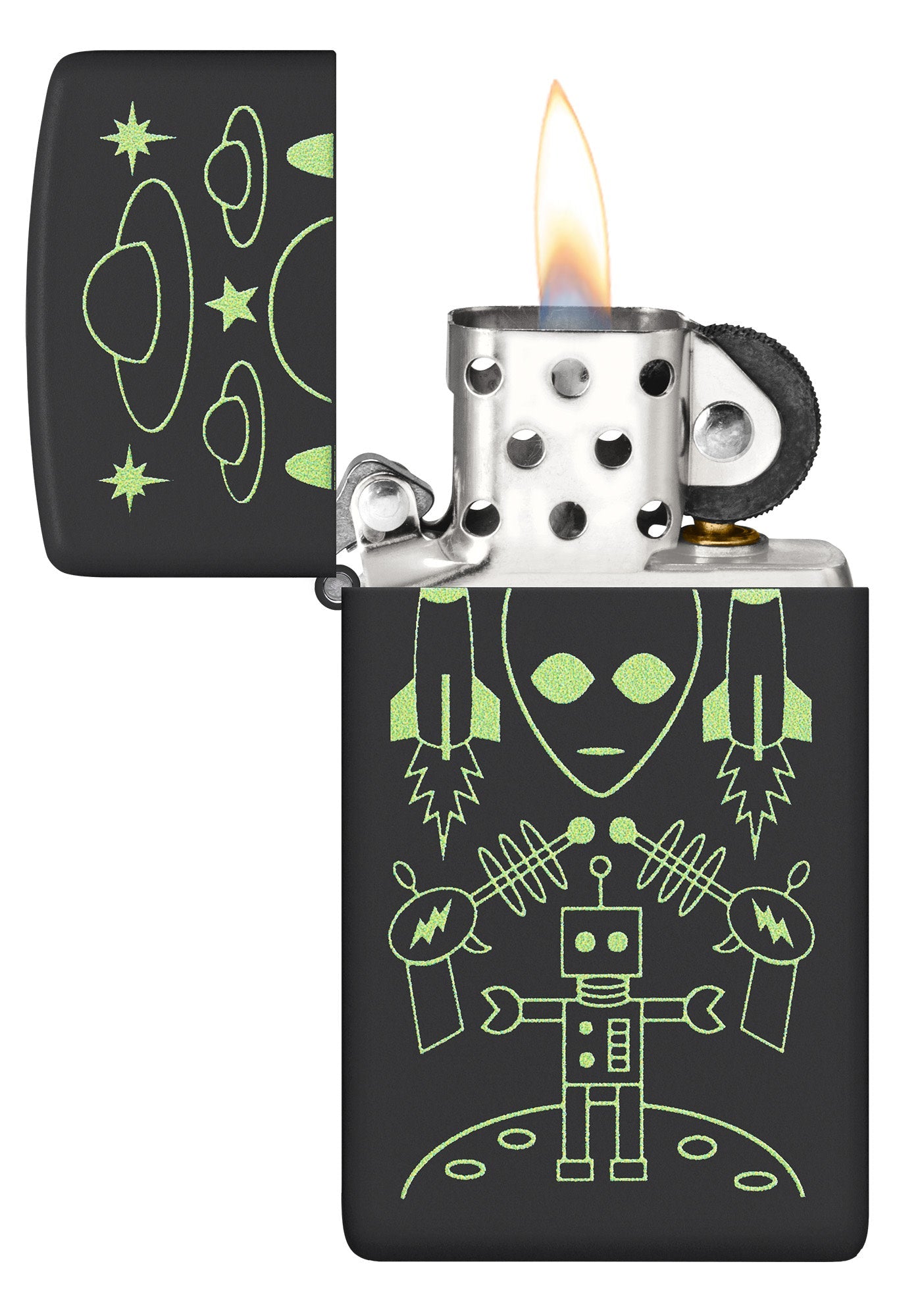 Zippo Alien Invasion Design Slim?? Black Matte Windproof Lighter with its lid open and lit.