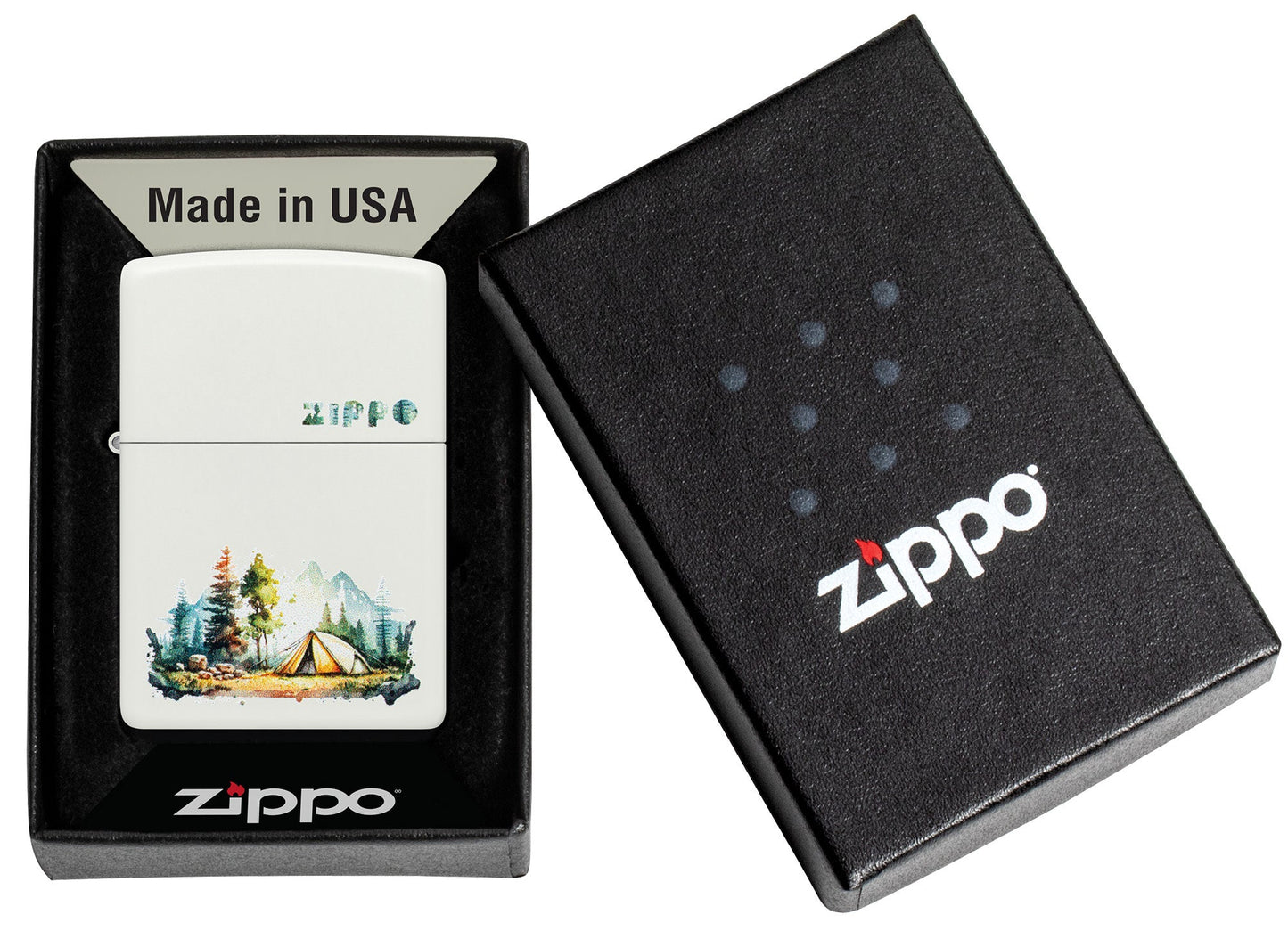 Zippo Nature Retreat Design White Matte Windproof Lighter in its packaging.