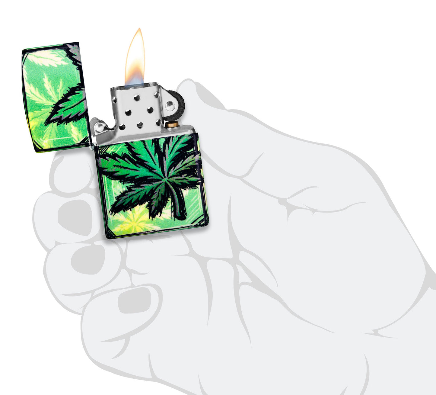 Zippo Glowing Leaves Design 540 Color Glow in the Dark Windproof Lighter lit in hand.