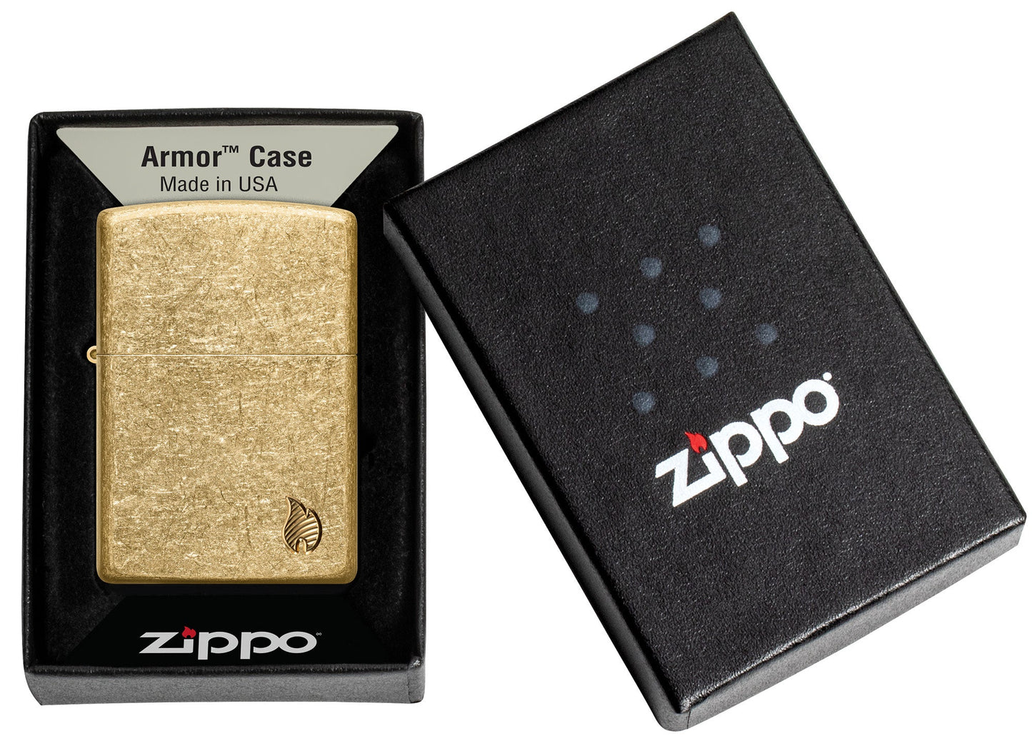 Zippo Armor?? Series Flame Tumbled Brass Windproof Lighter in its packaging.
