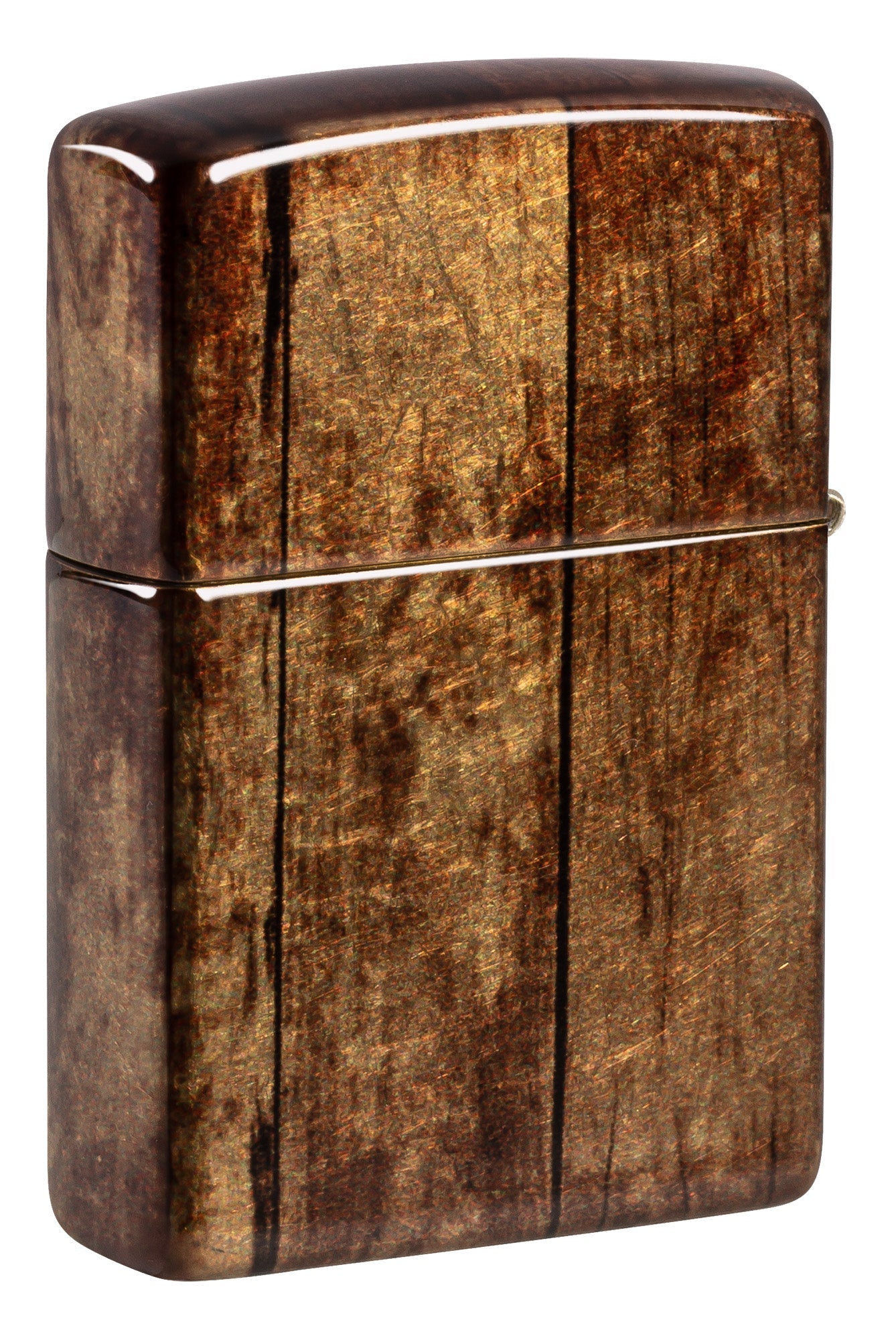 Back shot of Zippo Jack Daniel's?? Barrel Design 540 Tumbled Brass Windproof Lighter standing at a 3/4 angle.