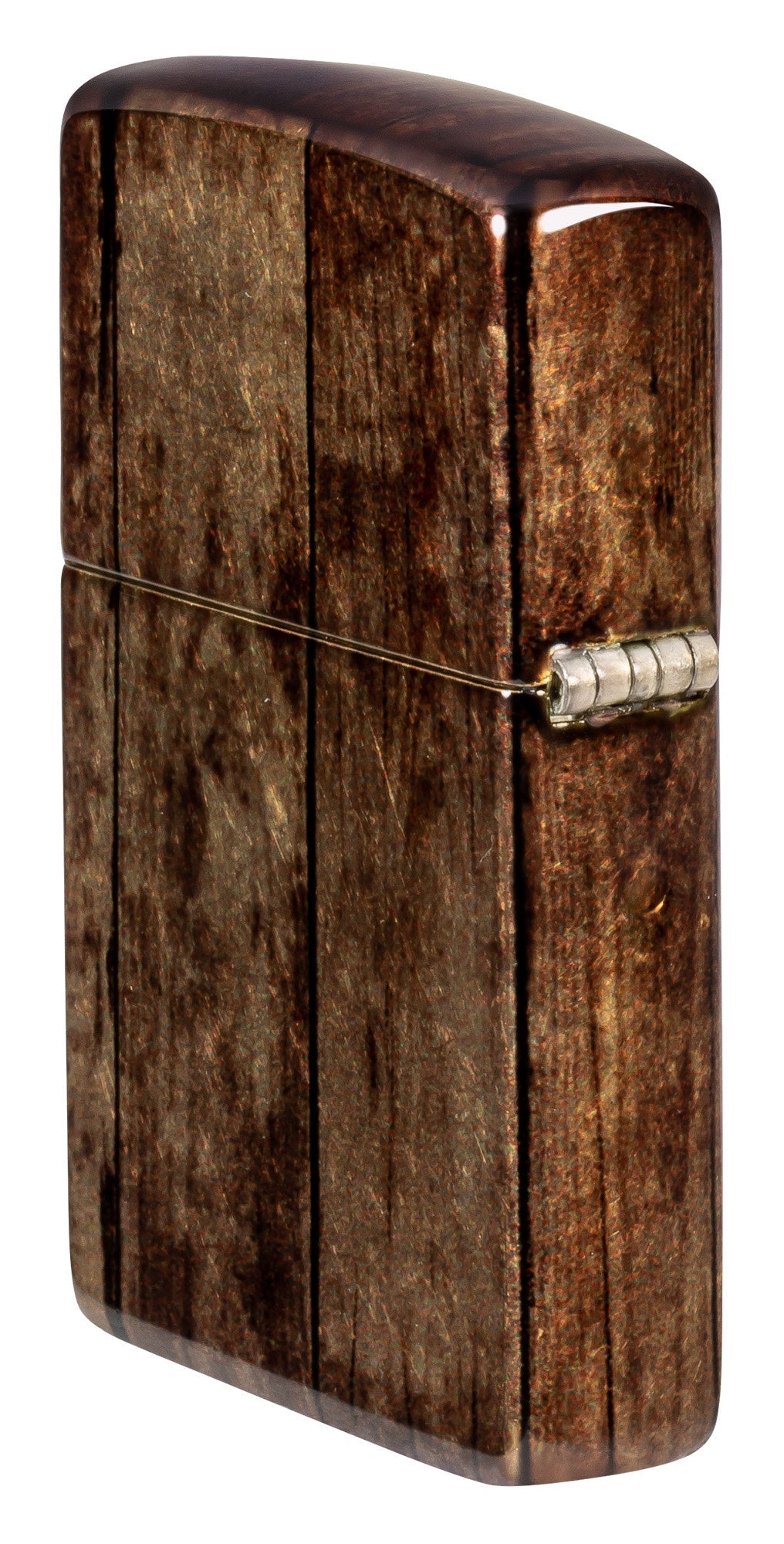 Angled shot of Zippo Jack Daniel's?? Barrel Design 540 Tumbled Brass Windproof Lighter showing the back and hinge side of the lighter.