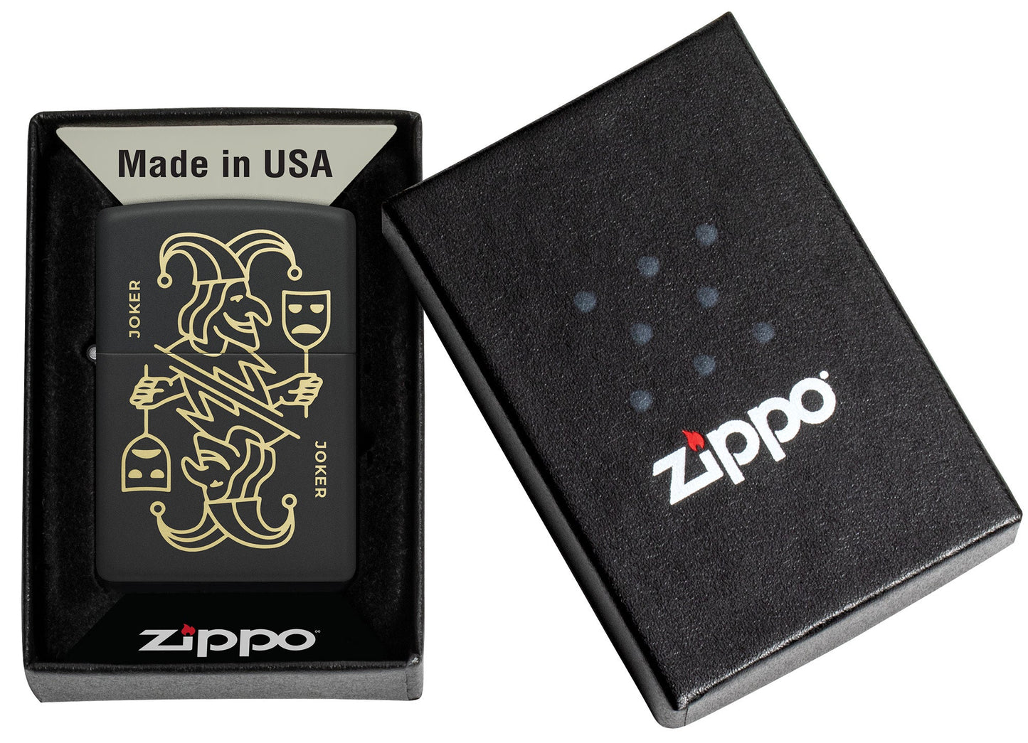 Zippo Masked Joker Design Black Matte Windproof Lighter in its packaging.