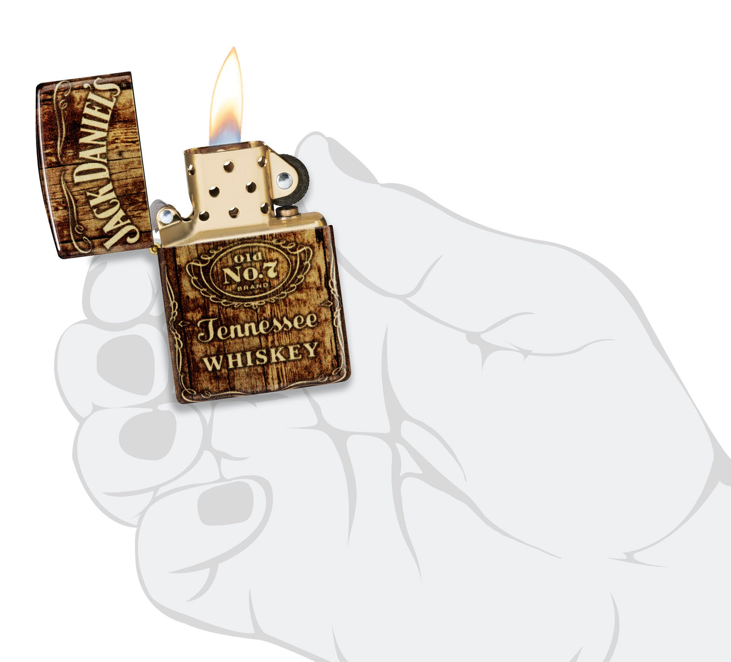Zippo Jack Daniel's?? Barrel Design 540 Tumbled Brass Windproof Lighter lit in hand.