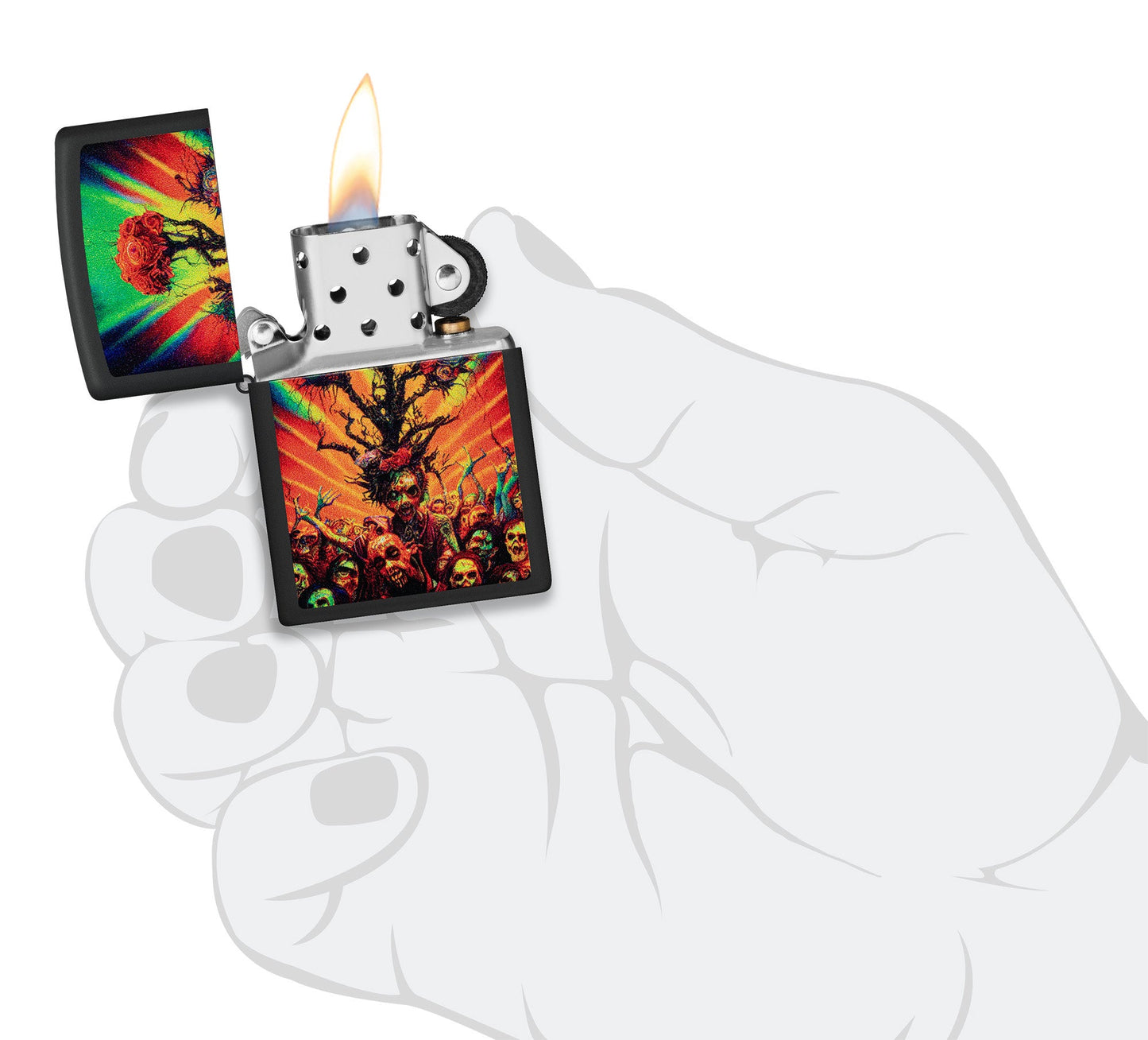 Zippo Abstract Zombie Black Matte Windproof Lighter lit in hand.