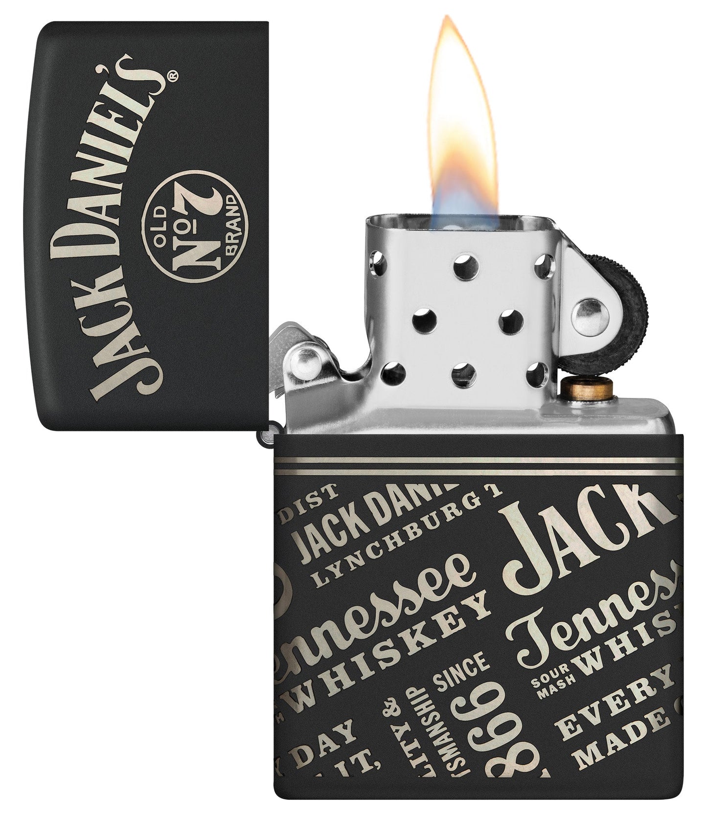 Zippo Jack Daniel's?? Every Drop Design Regular Media Chrome Black Matte Windproof Lighter with its lid open and lit.
