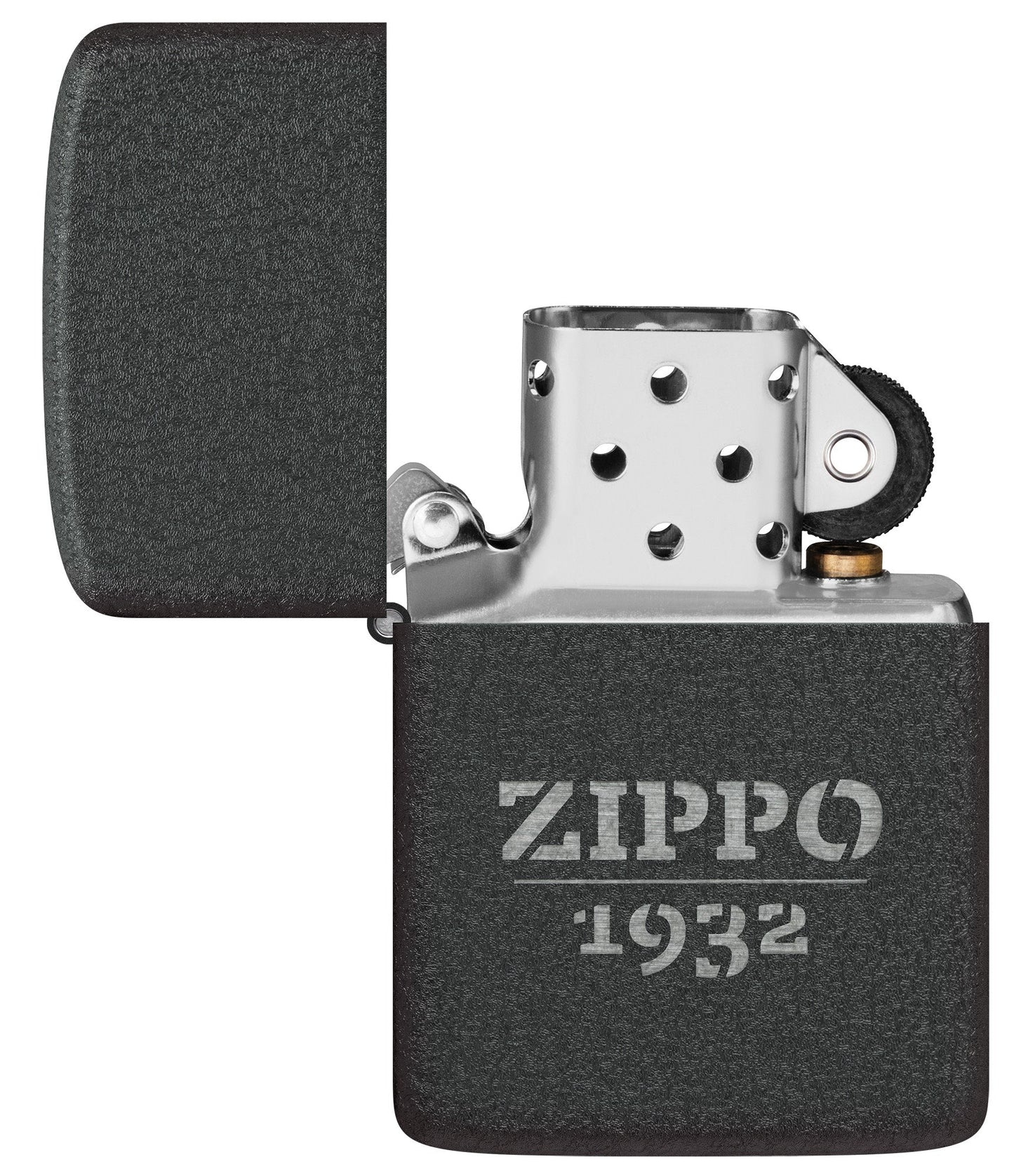 Zippo Design 1941 Replica Black Crackle?? Windproof Lighter with its lid open and unlit.