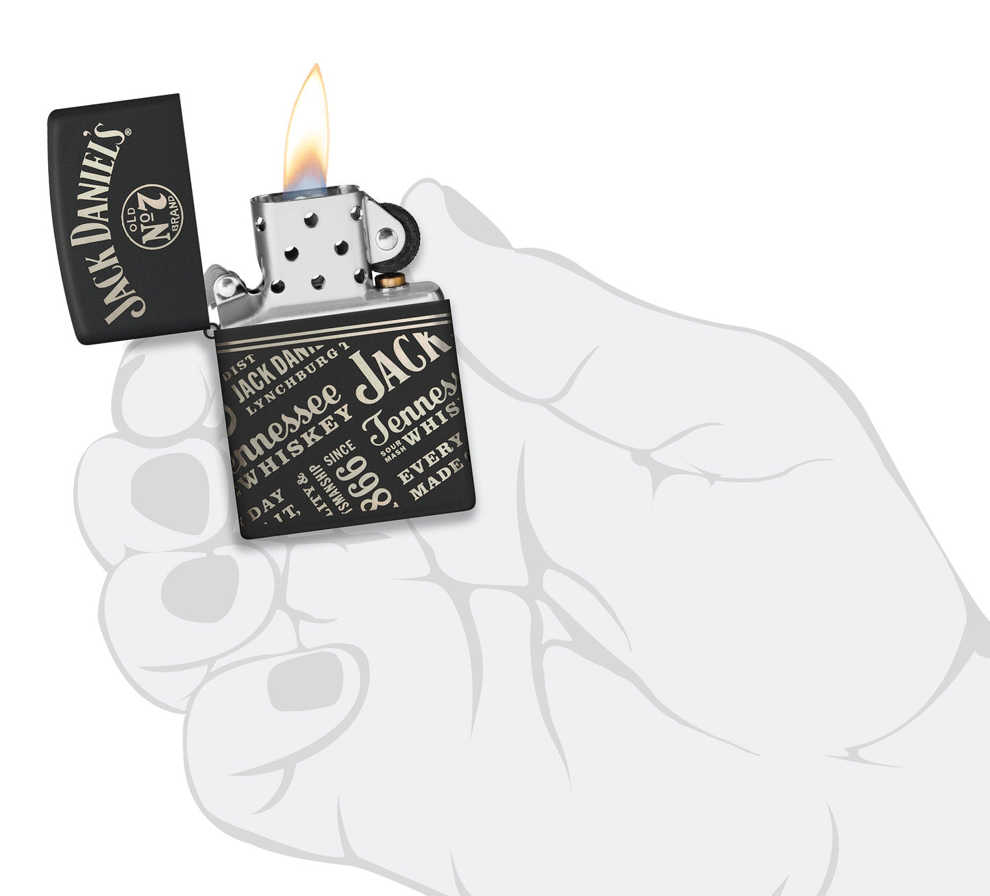 Zippo Jack Daniel's?? Every Drop Design Regular Media Chrome Black Matte Windproof Lighter lit in hand.