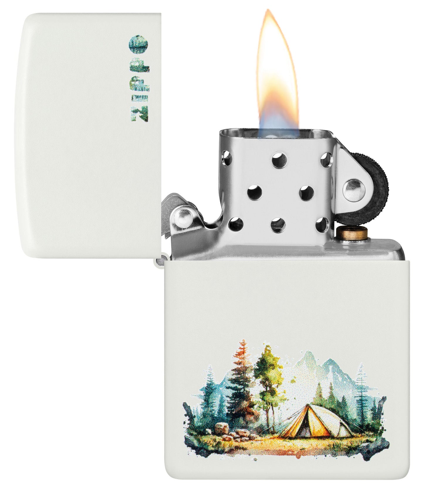 Zippo Nature Retreat Design White Matte Windproof Lighter with its lid open and lit.