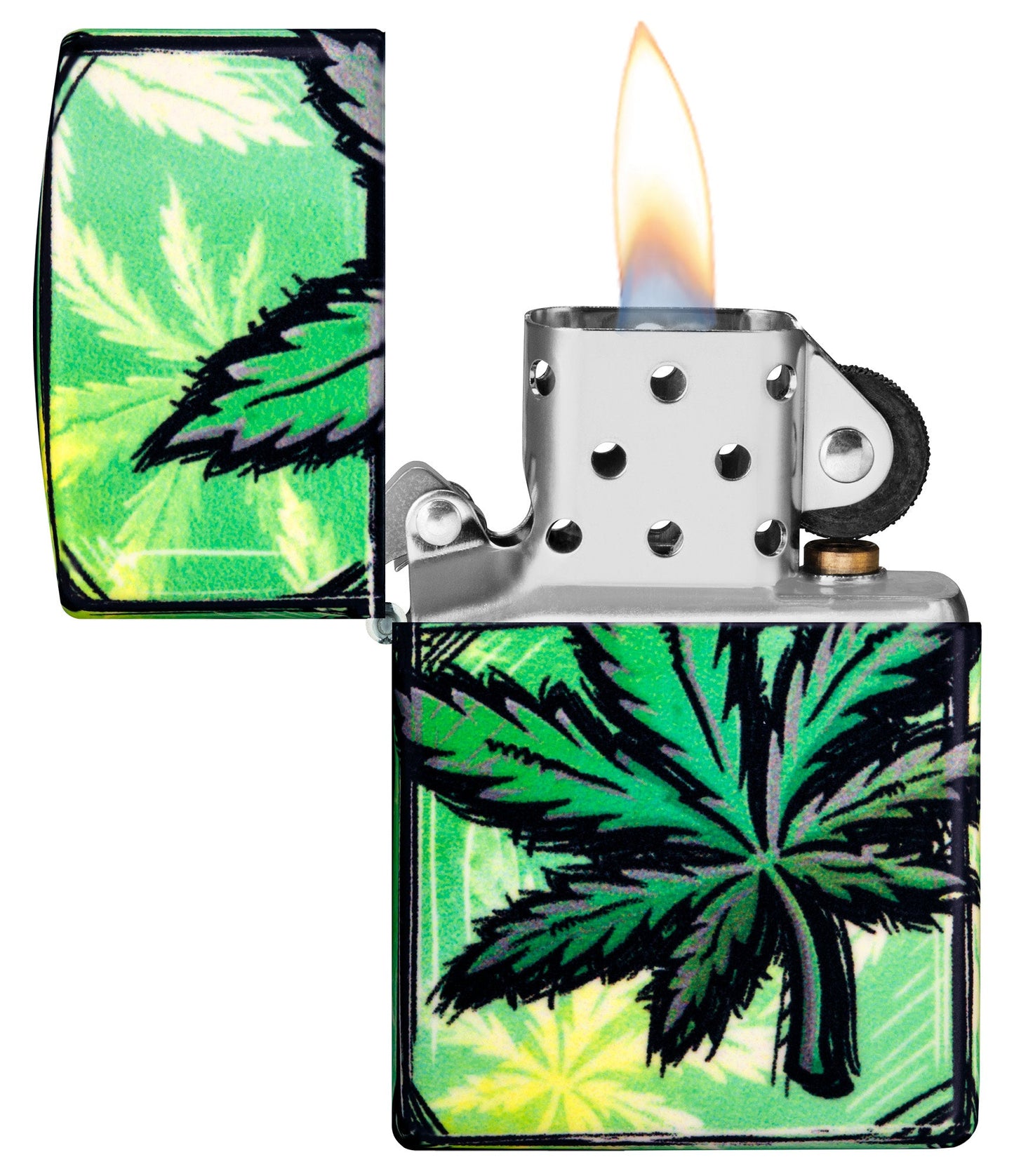 Zippo Glowing Leaves Design 540 Color Glow in the Dark Windproof Lighter with its lid open and lit.