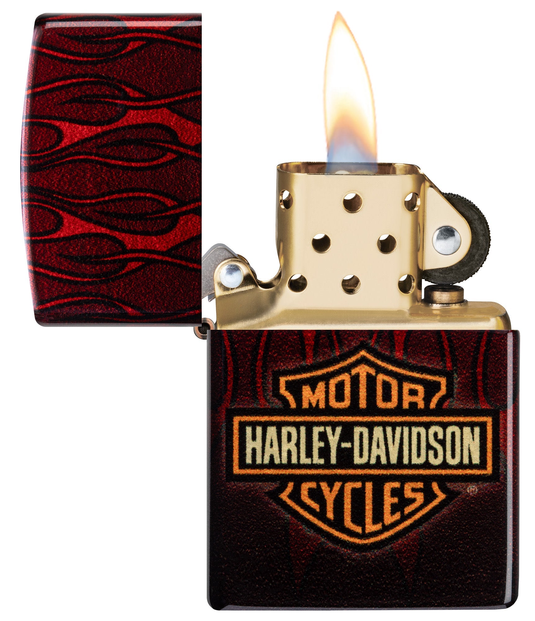 Zippo Harley-Davidson?? 540 Tumbled Brass Windproof Lighter with its lid open and lit.