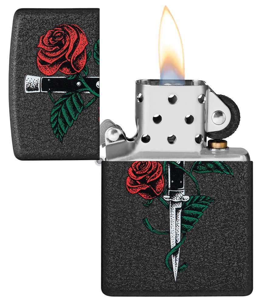 Rose Dagger Tattoo Design Black Crackle?? Windproof Lighter with its lid open and lit.
