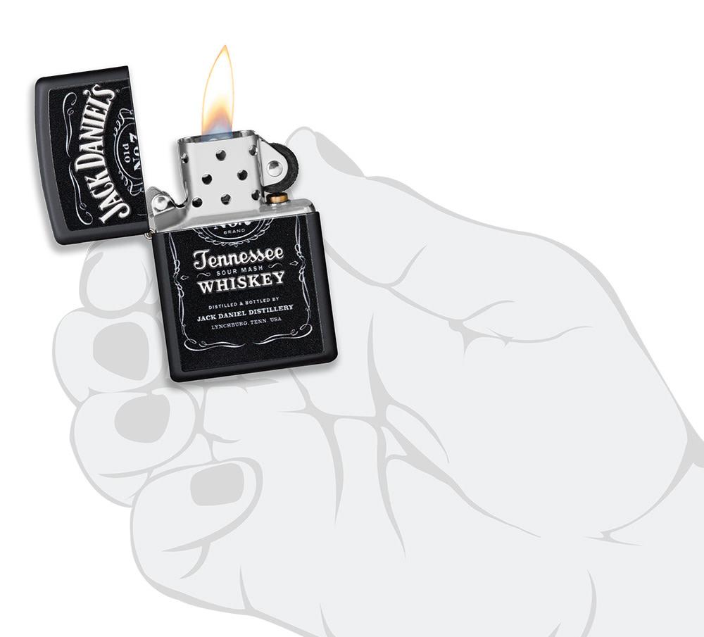 Jack Daniel's?? Texture Print Black Matte Windproof Lighter lit in hand