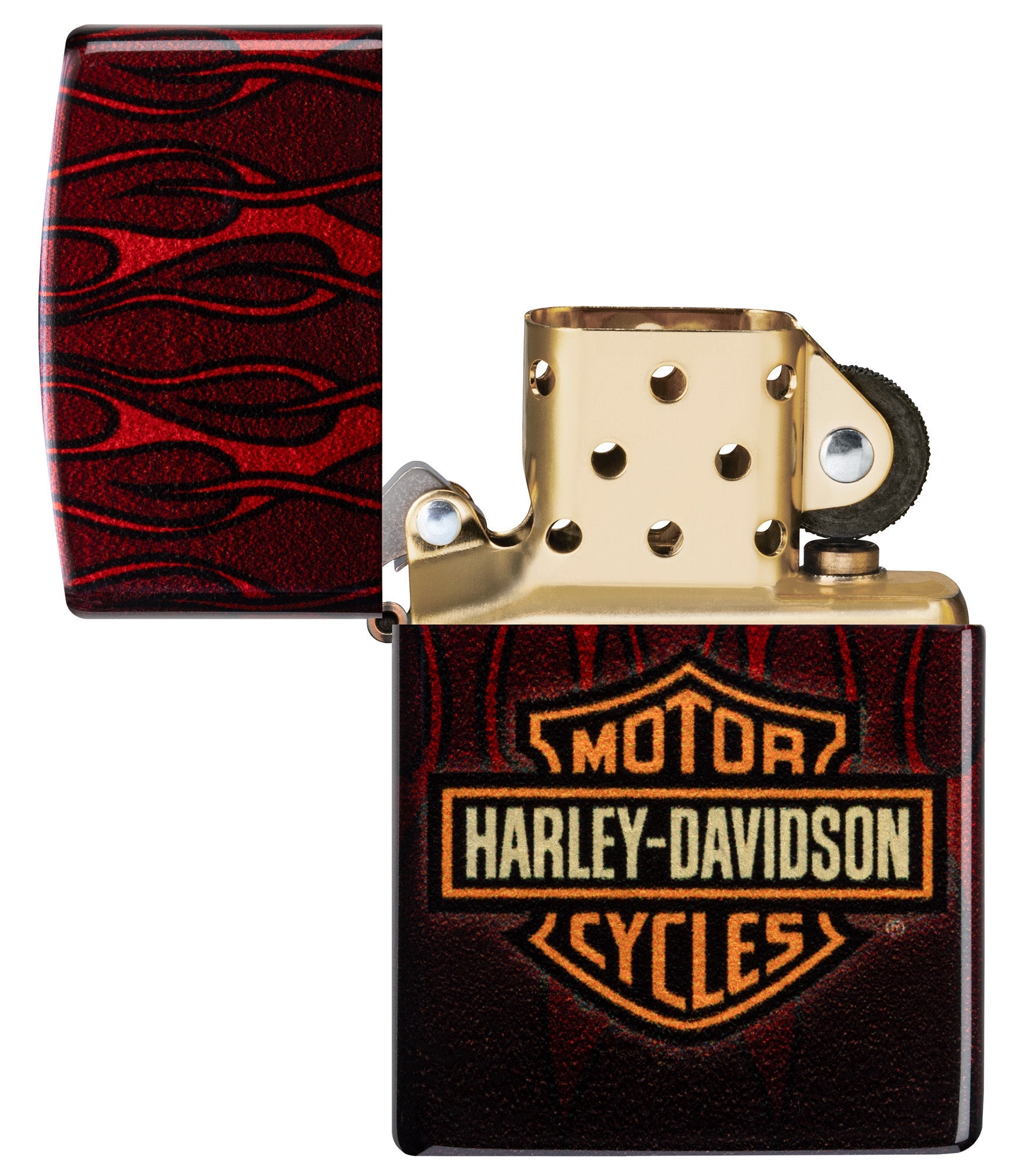 Zippo Harley-Davidson?? 540 Tumbled Brass Windproof Lighter with its lid open and unlit.