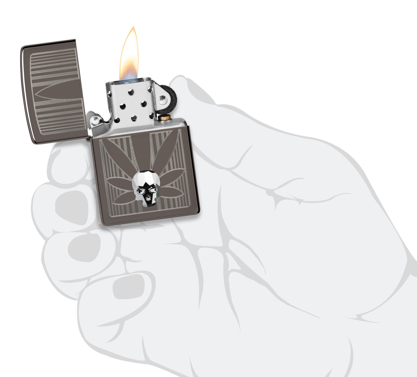 Zippo Cannabis Design Black Ice Windproof Lighter lit in hand.