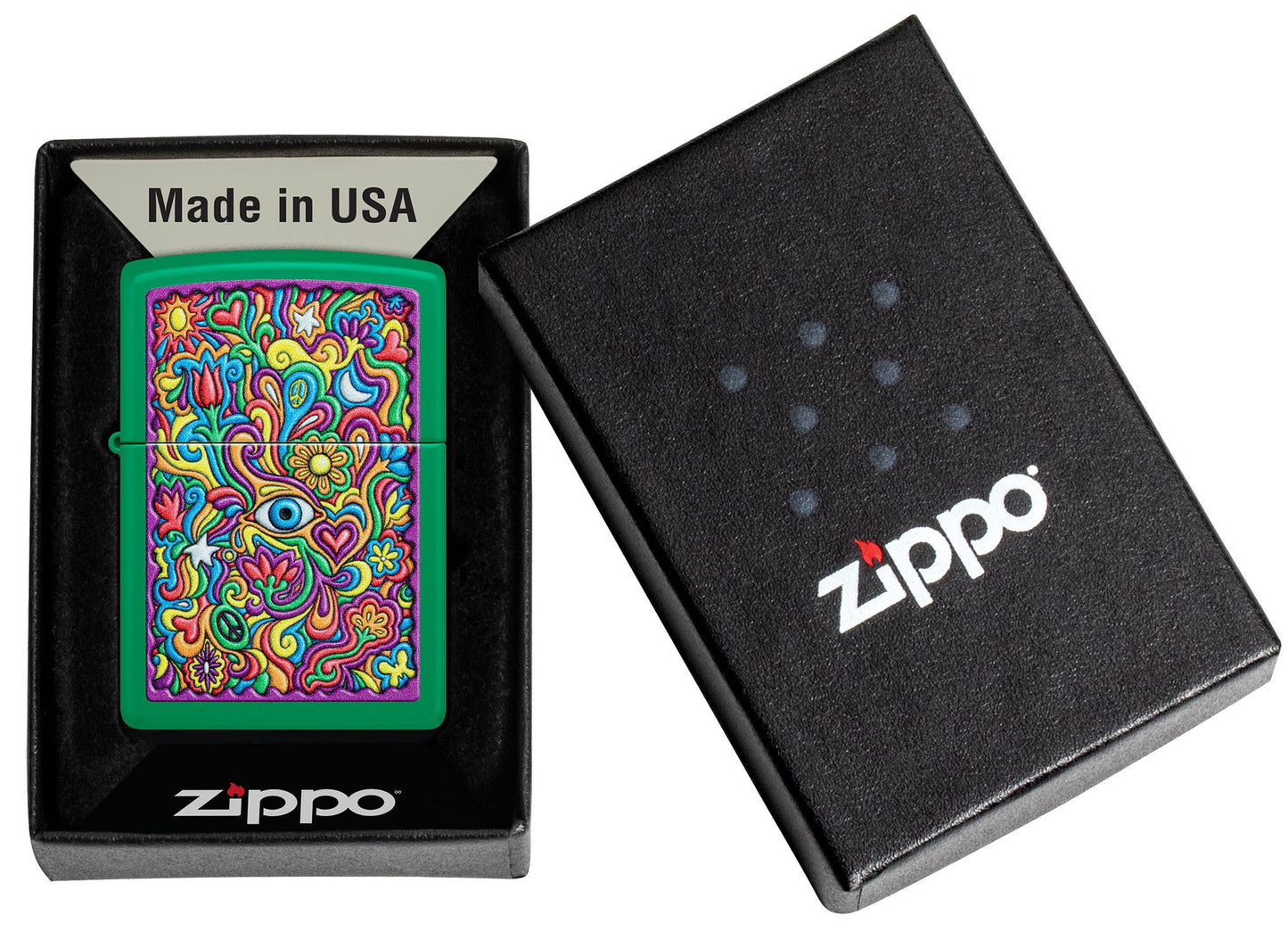 Zippo Trippy Design Grass Green Matte Windproof Lighter in its packaging.