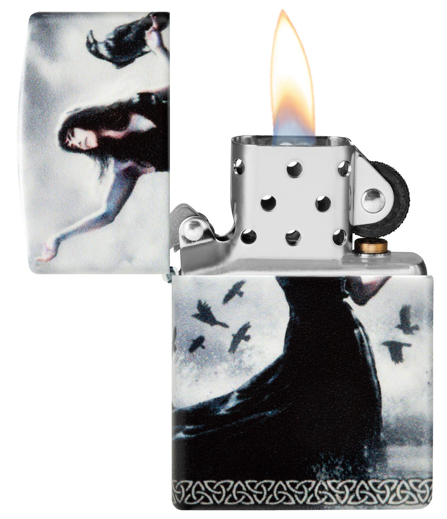 Zippo Mazzi?? 540 Matte Windproof Lighter with its lid open and lit.
