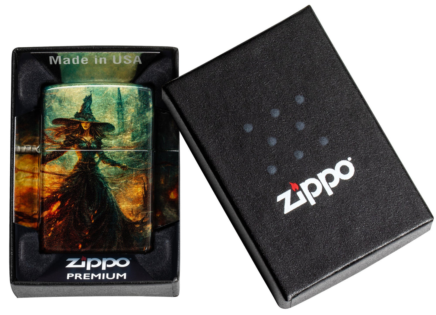 Zippo Fire Mage Design 540 Tumbled Brass Windproof Lighter in its packaging.