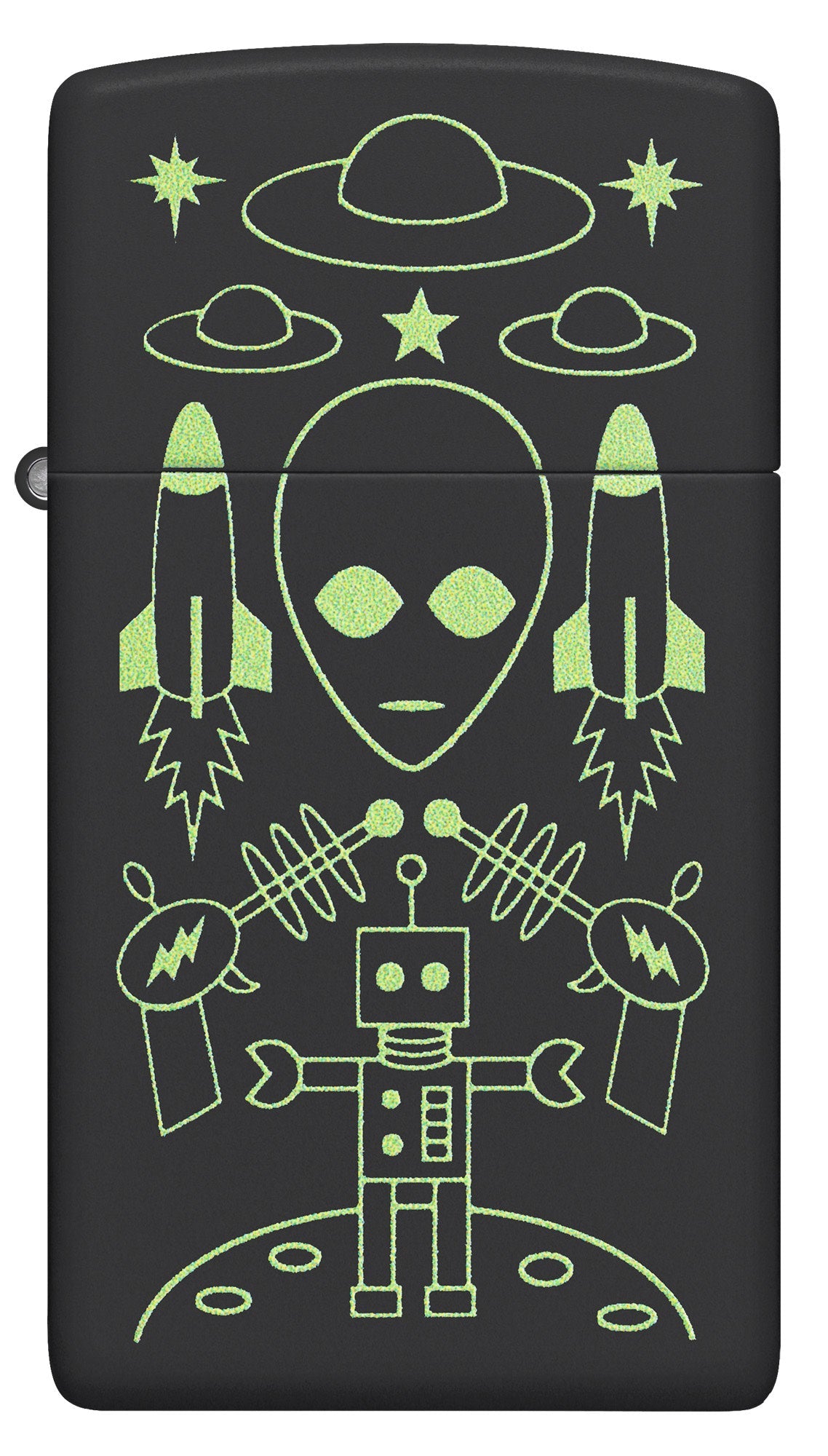 Front view of Zippo Alien Invasion Design Slim?? Black Matte Windproof Lighter.