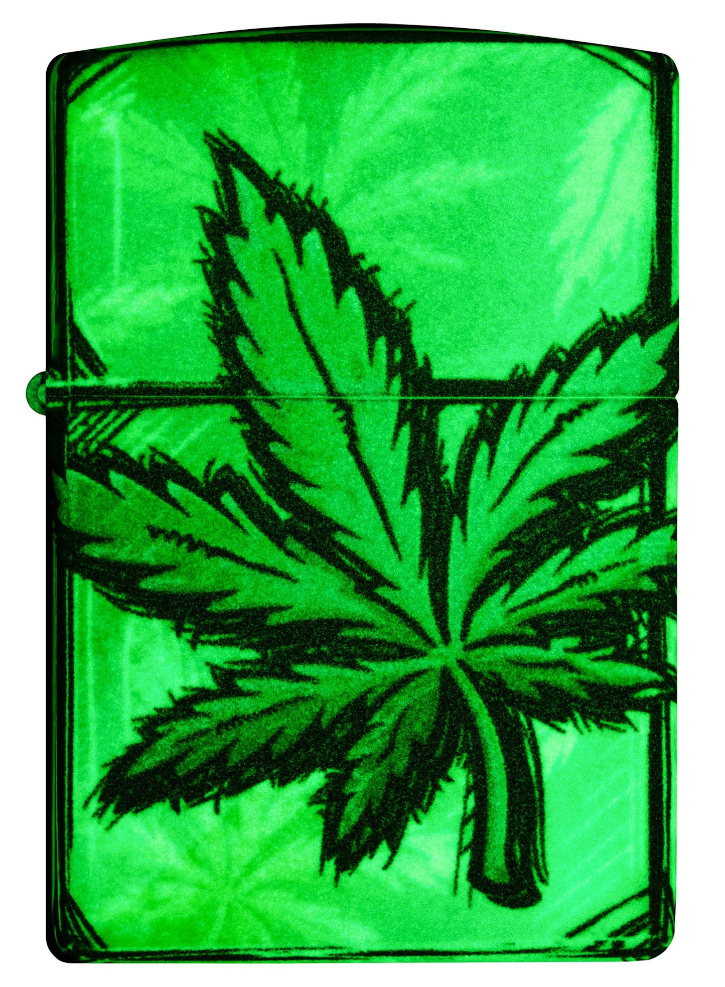Front view of Zippo Glowing Leaves Design 540 Color Glow in the Dark Windproof Lighter glowing in the dark.
