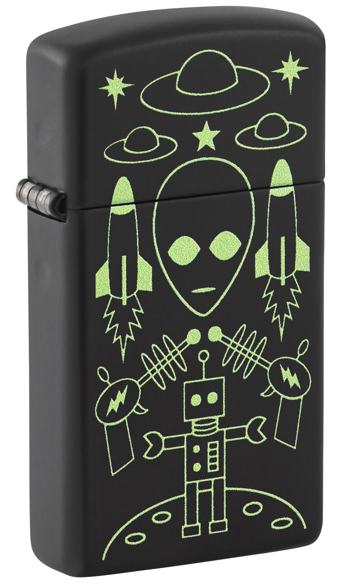 Front shot of Zippo Alien Invasion Design Slim?? Black Matte Windproof Lighter standing at a 3/4 angle.