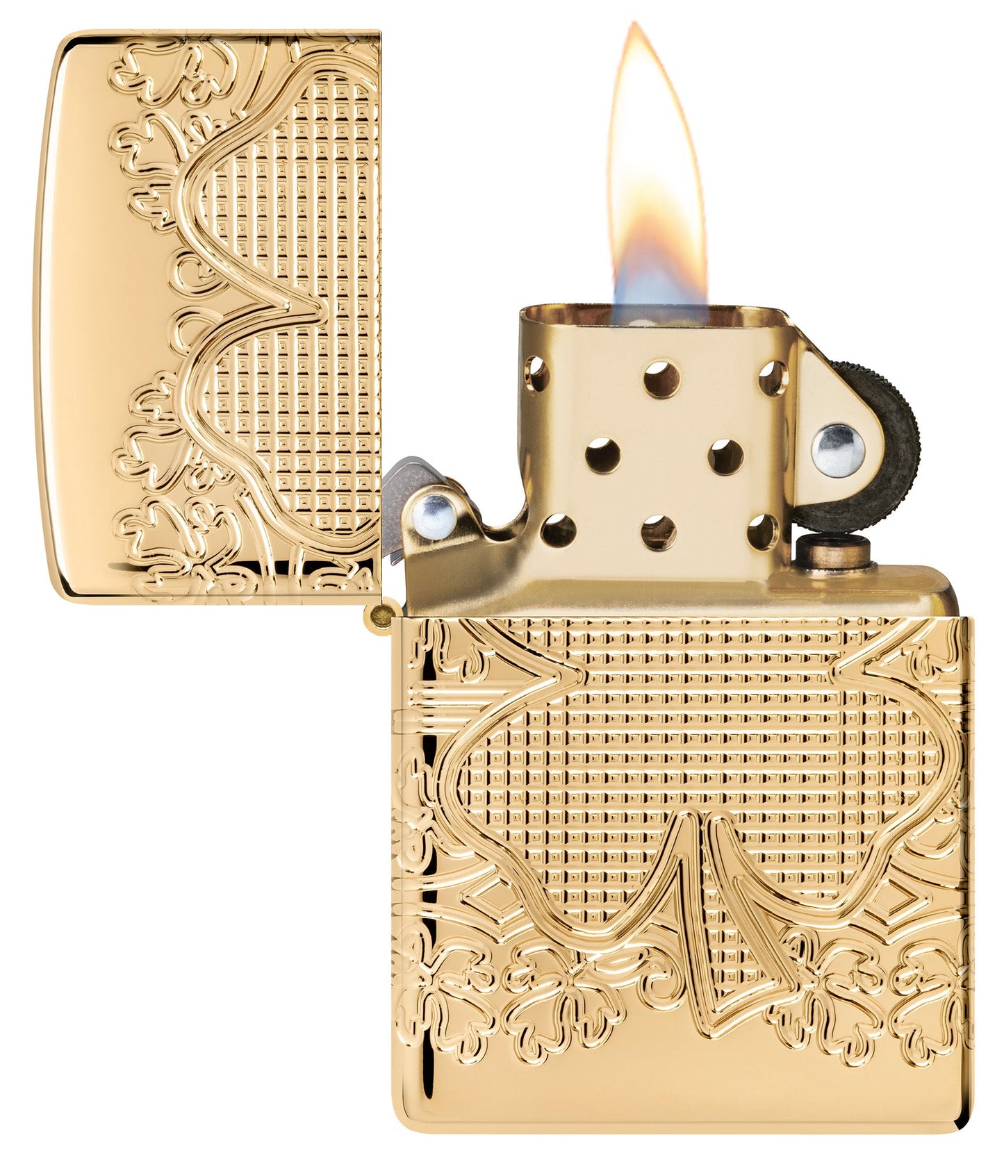 Zippo Lucky Clover Design Armor?? High Polish Gold Plate Windproof Lighter with its lid open and lit.