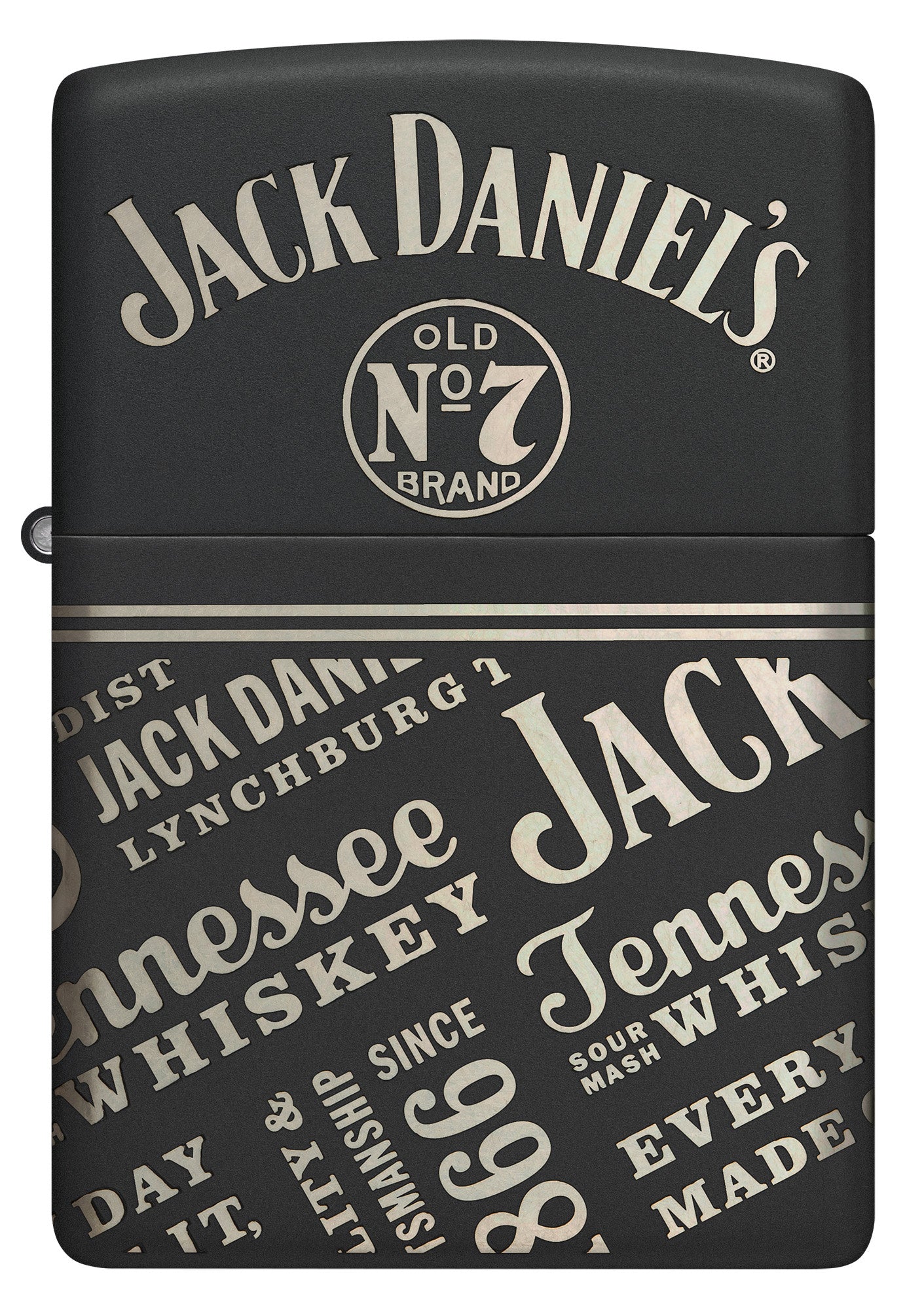 Front view of Zippo Jack Daniel's?? Every Drop Design Regular Media Chrome Black Matte Windproof Lighter.