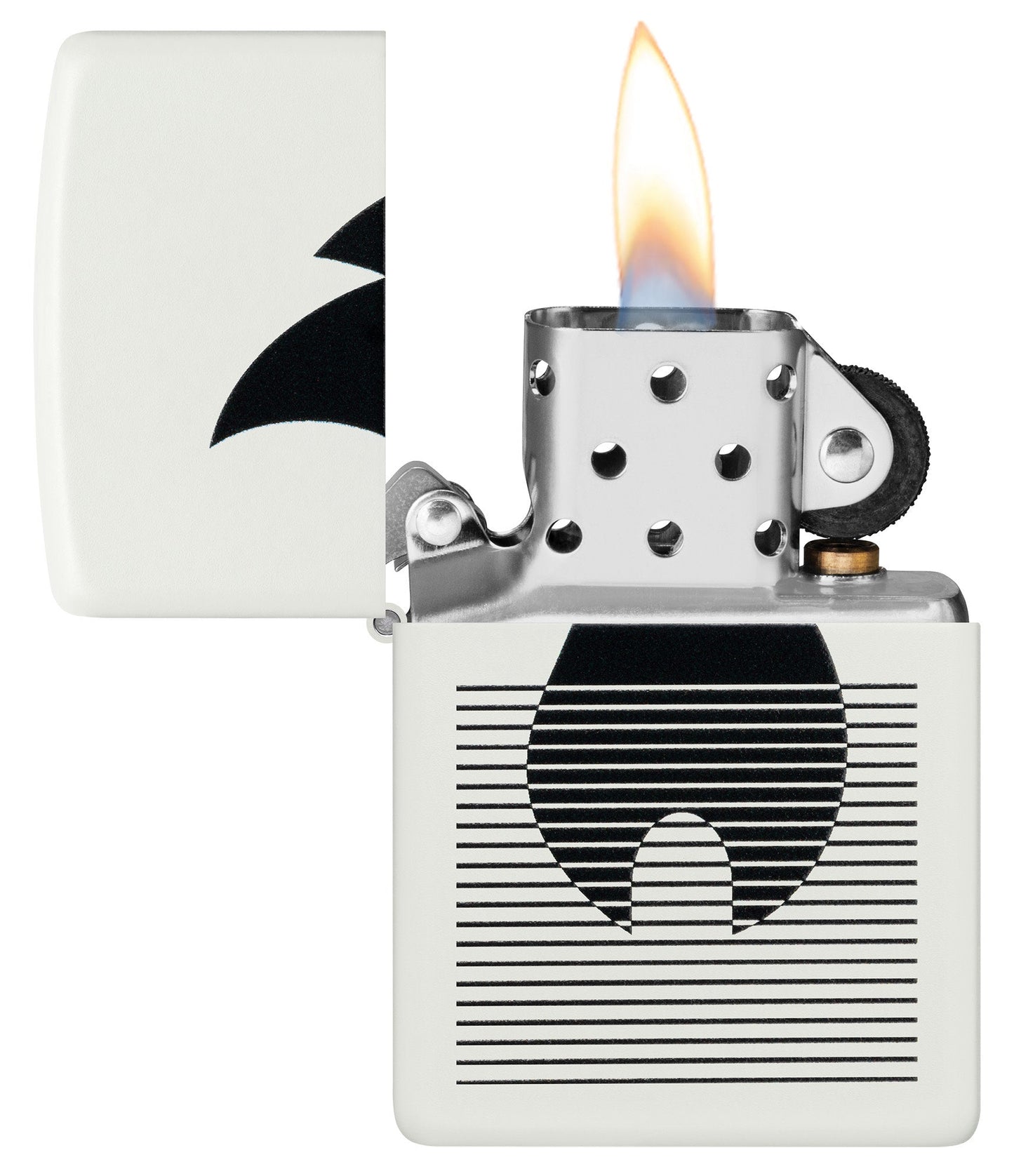 Zippo Flame Gradient Design White Matte Windproof Lighter with its lid open and lit.