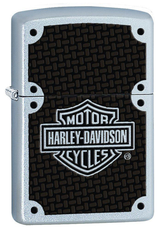Front shot of Harley-Davidson?? Satin Chrome Windproof Lighter standing at a 3/4 angle